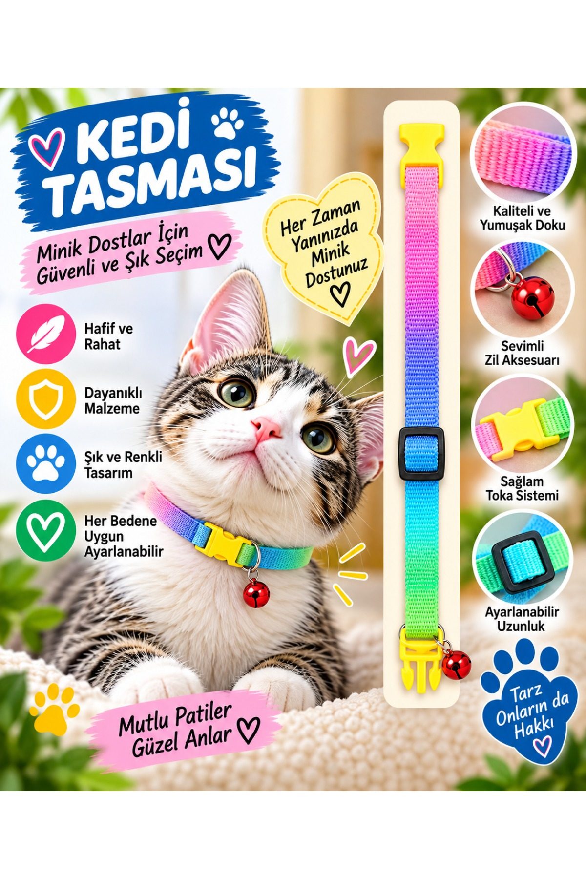 Kedi Tasması Gökkuşağı Degrade Renkli Zilli Ayarlanabilir Boyun Tasması
