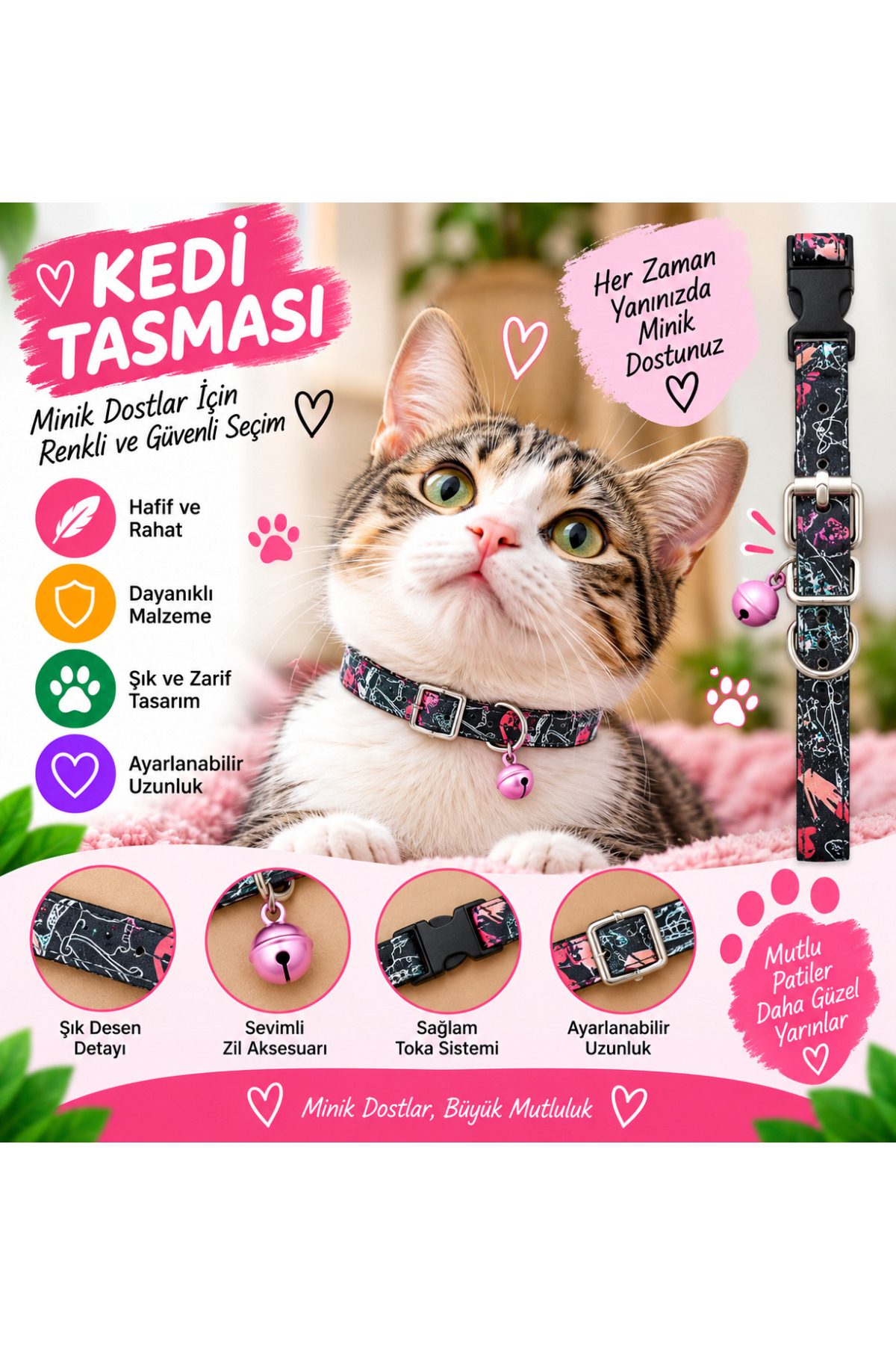 Kedi Tasması Siyah Pembe Soyut Desenli Zilli Ayarlanabilir Klipsli Kedi Boyun Tasması