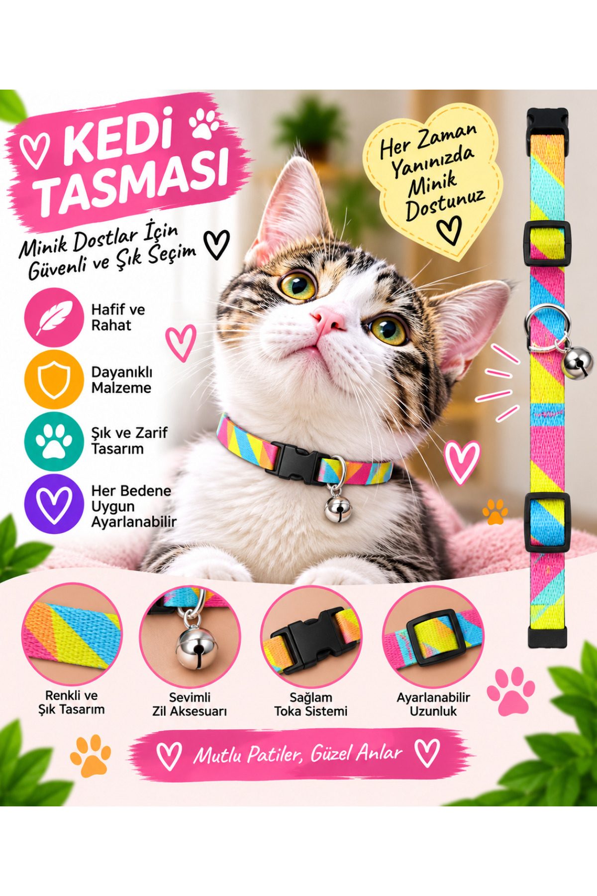Kedi Tasması Gökkuşağı Renkli Zilli Ayarlanabilir Klipsli Kumaş Kedi Boyun Tasması