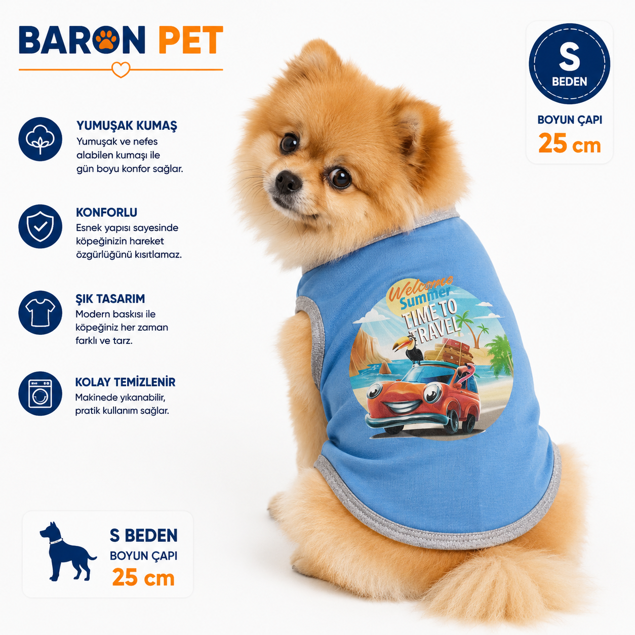 Köpek Tişörtü S Beden Boyun Çapı 25 cm Time To Travel Baskılı Kolsuz Atlet - Mavi