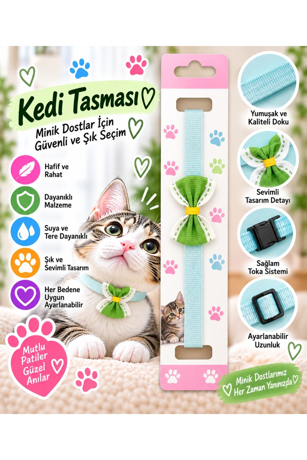 Kedi Tasması Turkuaz Yeşil Papyonlu Ayarlanabilir Klips Tokalı Boyun Tasması