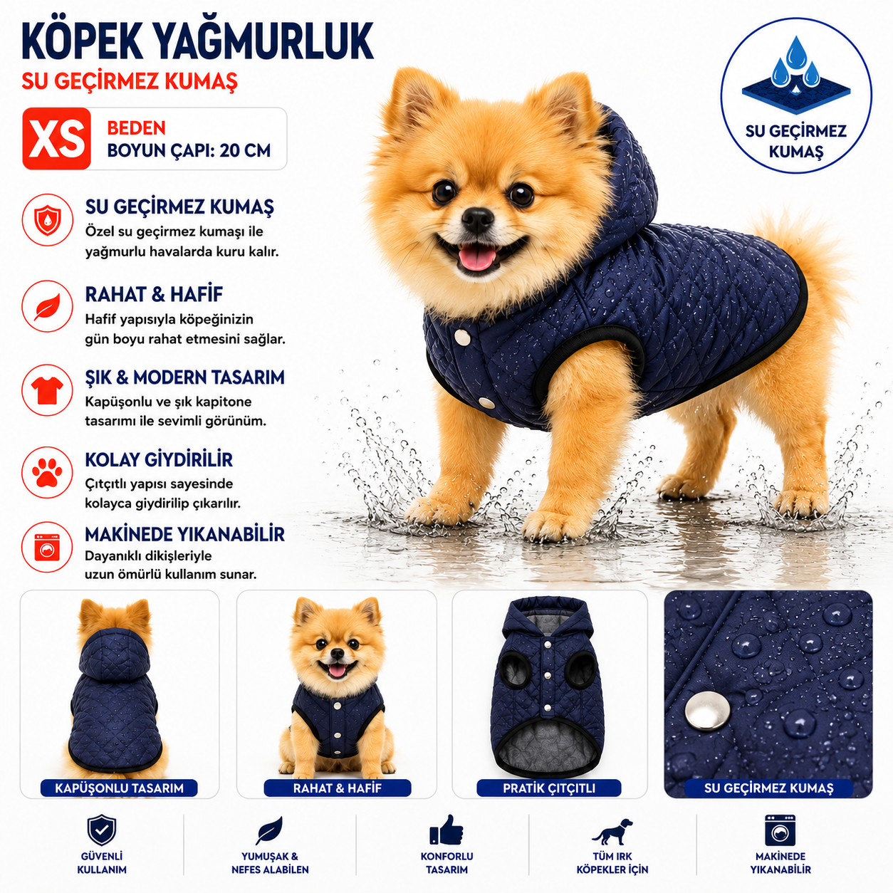 Köpek Yağmurluk XS Beden Boyun Çapı 20 cm Su Geçirmez Kapüşonlu Çıtçıtlı - Lacivert