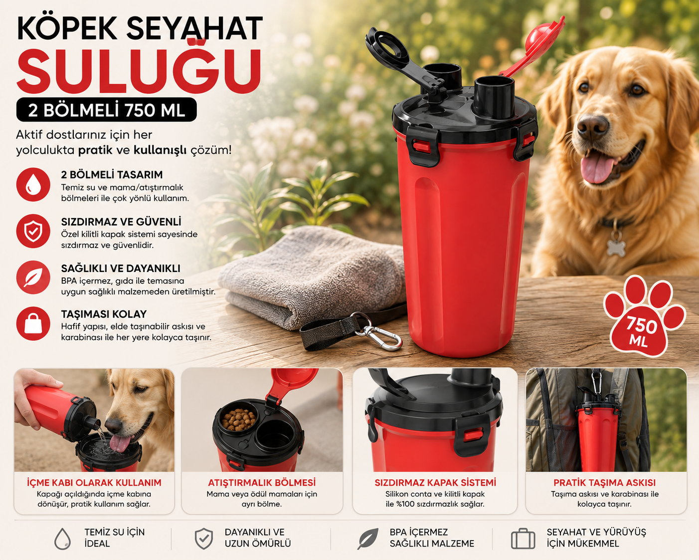 Köpek Seyahat Suluğu 2 Bölmeli 750 ml Mama Hazneli Taşıma Askılı - Kırmızı