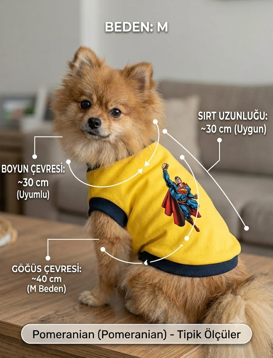 Köpek Sweatshirt M Beden Boyun Çevresi 30 cm Superman Baskılı - Sarı
