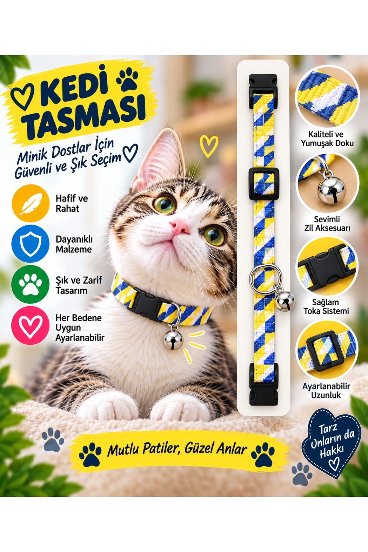 Kedi Tasması Mavi Sarı Çizgili Zilli Ayarlanabilir Boyun Tasması