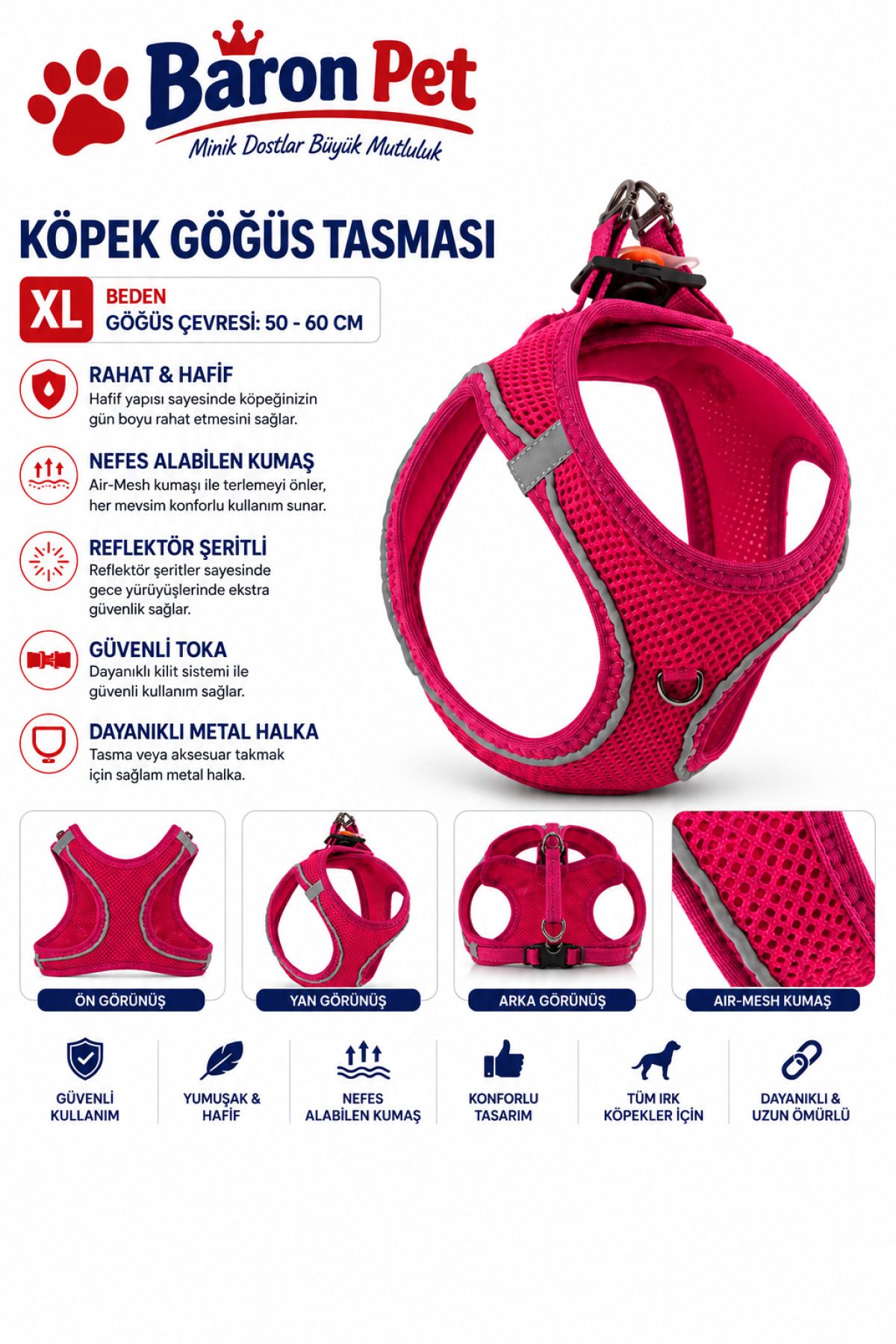 Köpek Göğüs Tasması XL Beden Göğüs Çevresi 50-60 cm Reflektörlü Air-Mesh - Fuşya