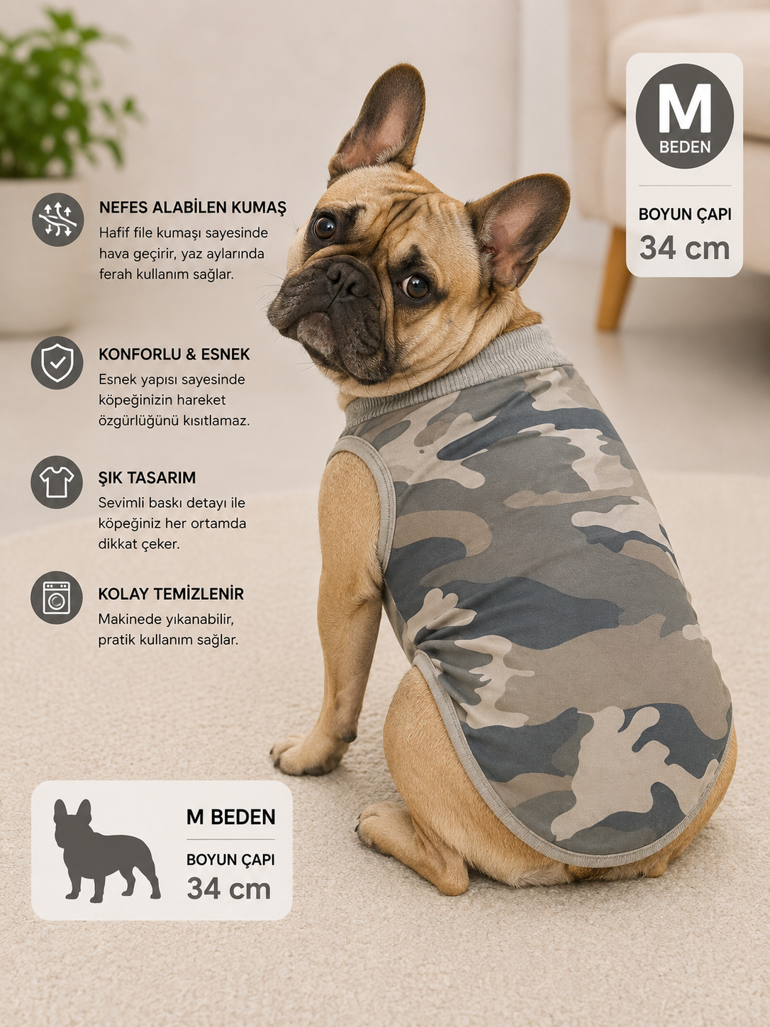 Köpek Tişörtü M Beden Boyun Çapı 34 cm Kamuflaj Desenli Kolsuz Atlet - Gri