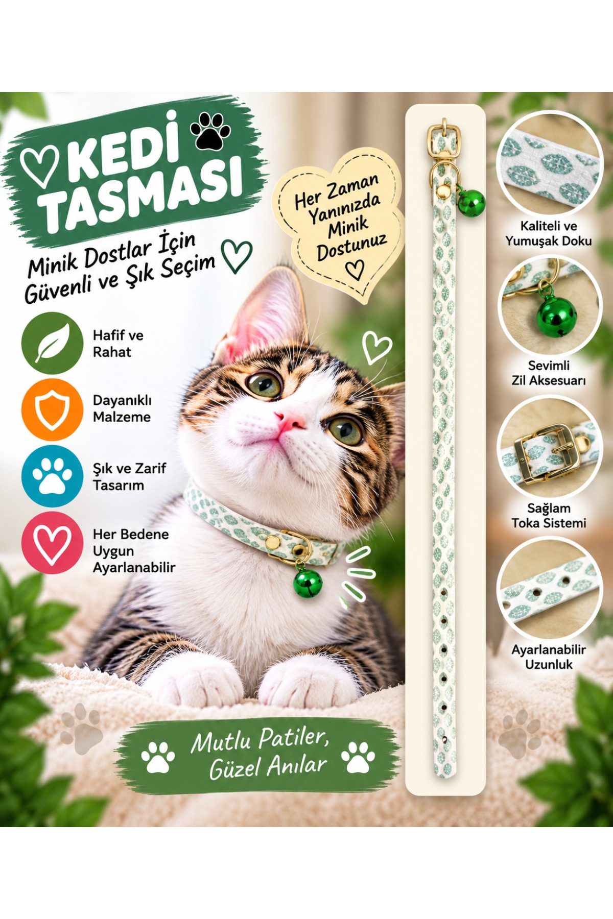 Kedi Tasması Beyaz Yeşil Çiçek Desenli Zilli Ayarlanabilir Boyun Tasması