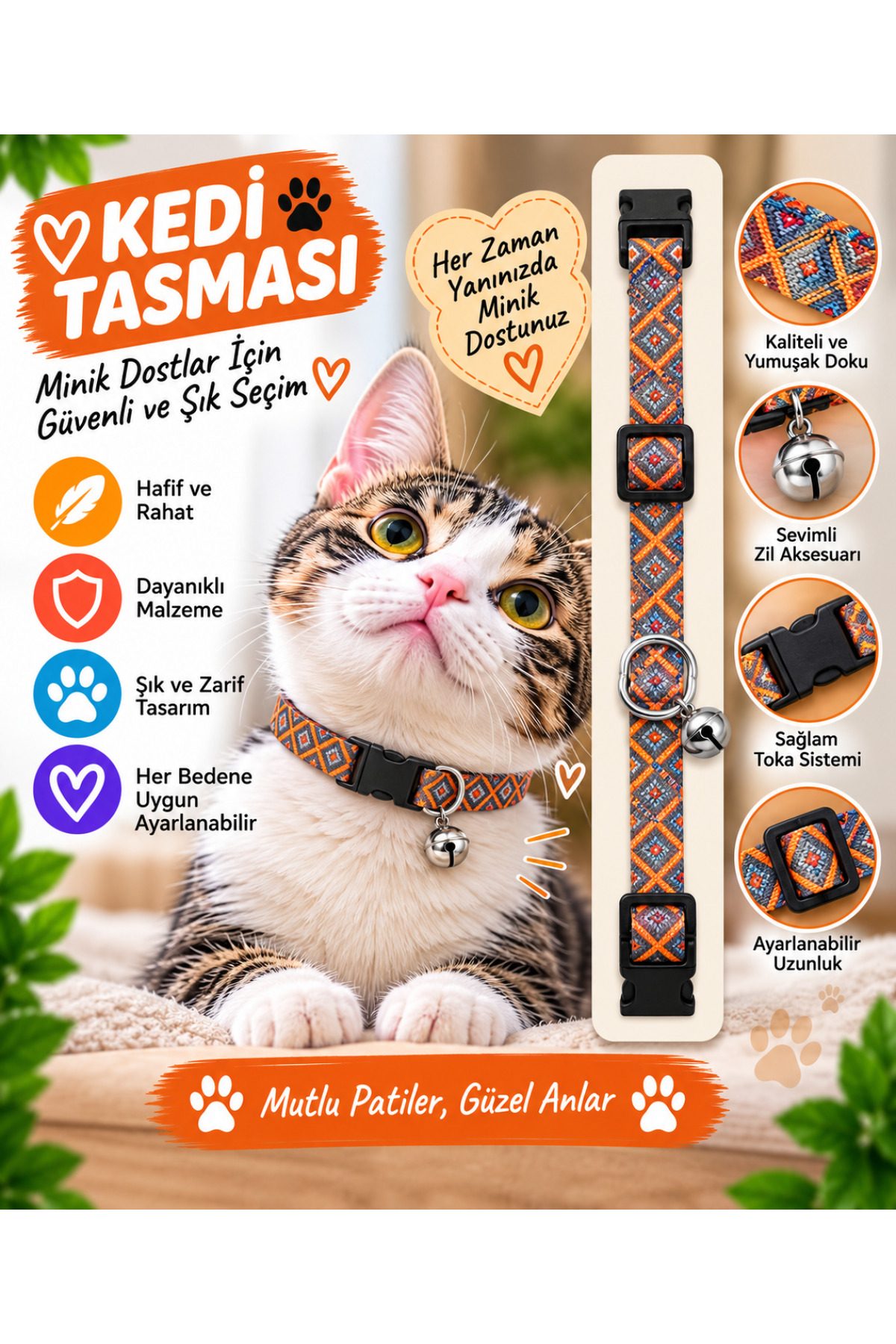 Kedi Tasması Turuncu Etnik Kilim Desenli Zilli Ayarlanabilir Klipsli Kumaş Kedi Boyun Tasması