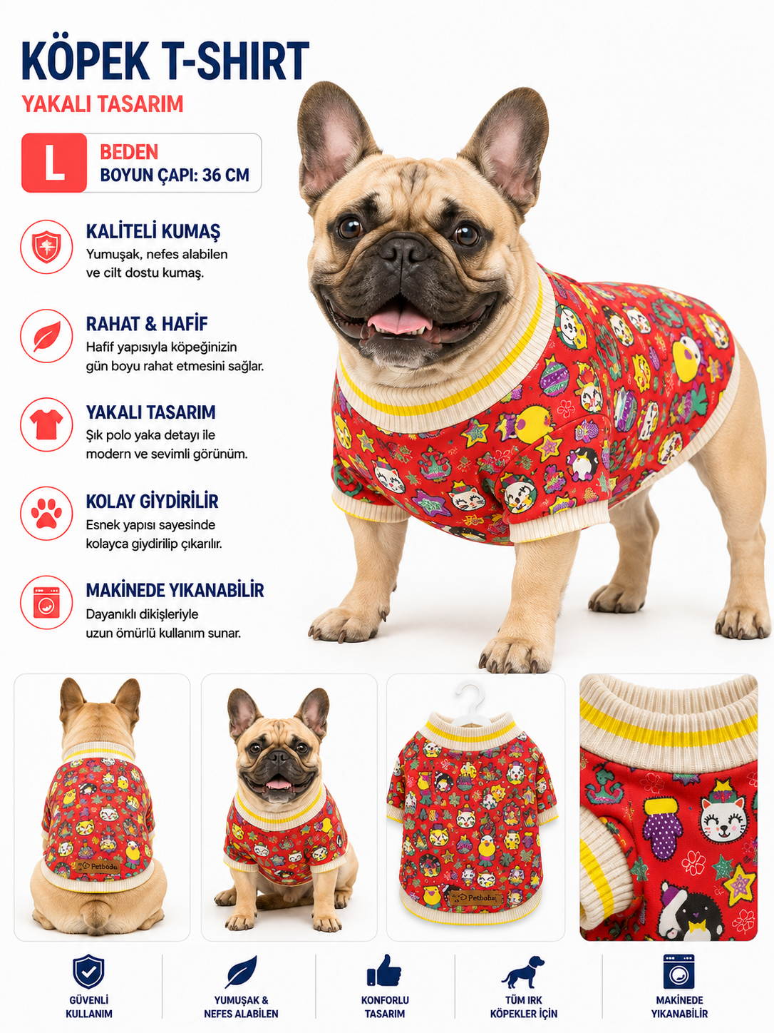 Köpek Sweatshirt L Beden Boyun Çapı 36 cm Desenli Yüksek Yaka Kolsuz - Kırmızı