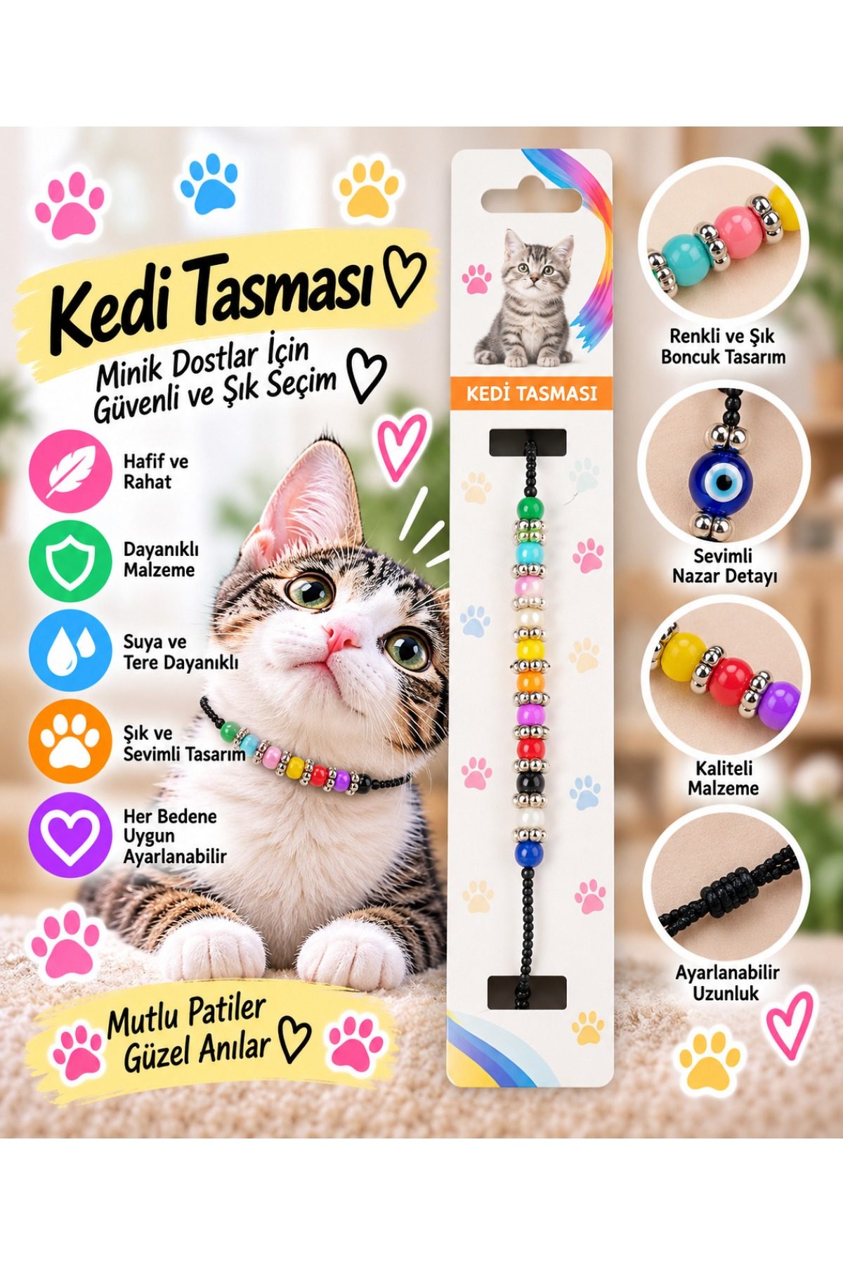 Kedi Tasması Renkli Boncuklu Nazar Detaylı Ayarlanabilir Boyun Tasması