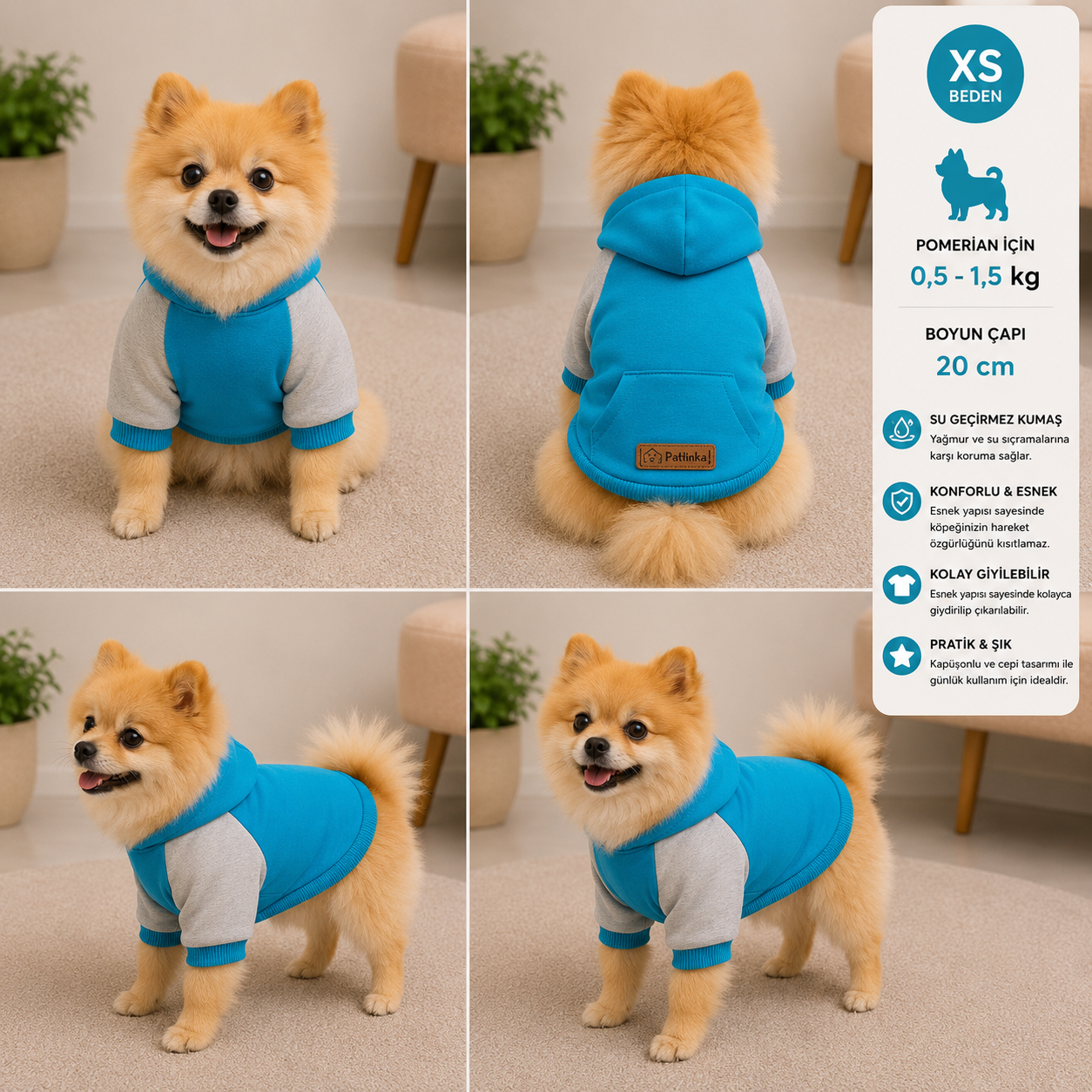 Köpek Sweatshirt XS Beden Boyun Çapı 20 cm Kapüşonlu Cepli Raglan Kollu - Turkuaz Gri
