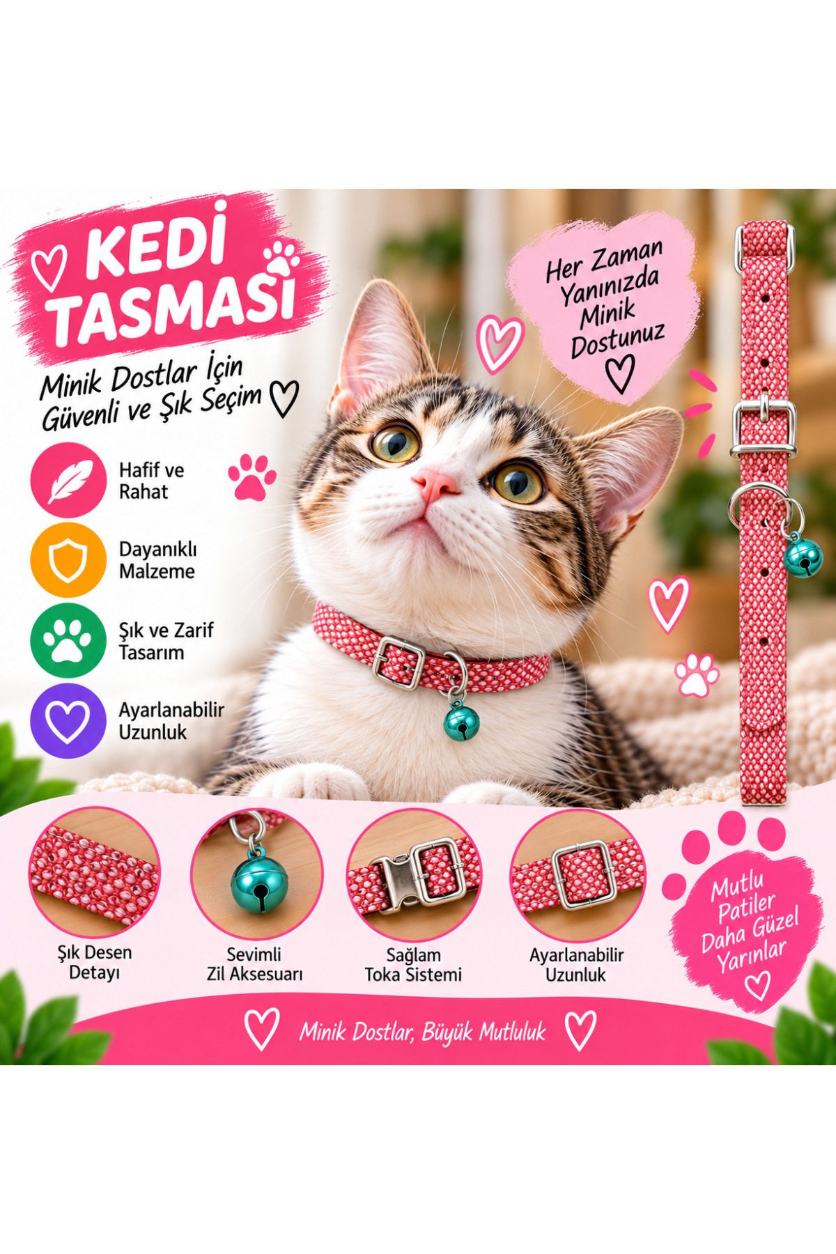 Kedi Tasması Mercan File Dokulu Turkuaz Zilli Ayarlanabilir Metal Tokalı Kedi Boyun Tasması