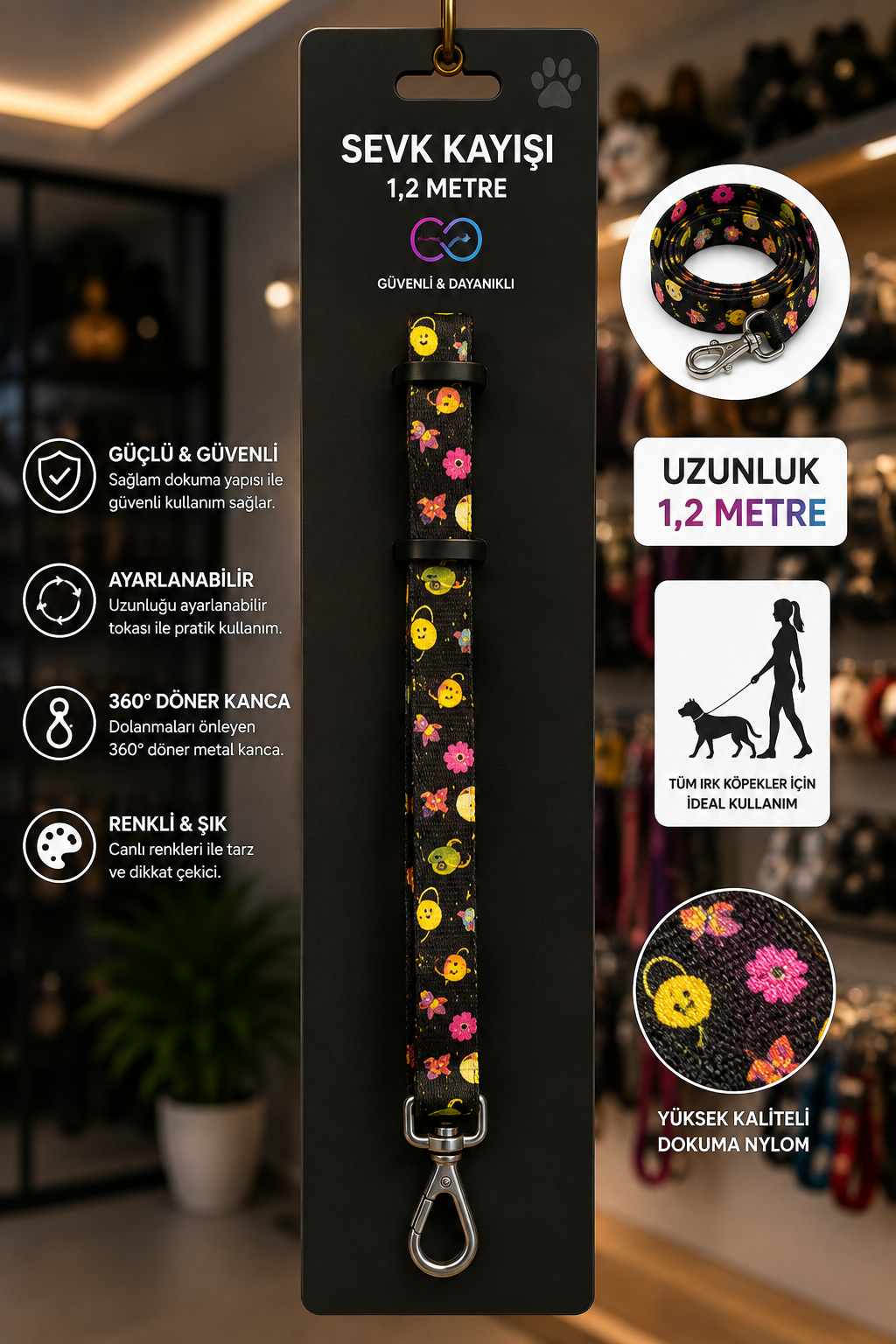 Köpek Sevk Kayışı 1,2 Metre Ayarlanabilir 360 Derece Döner Metal Kancalı - Çiçek Desenli