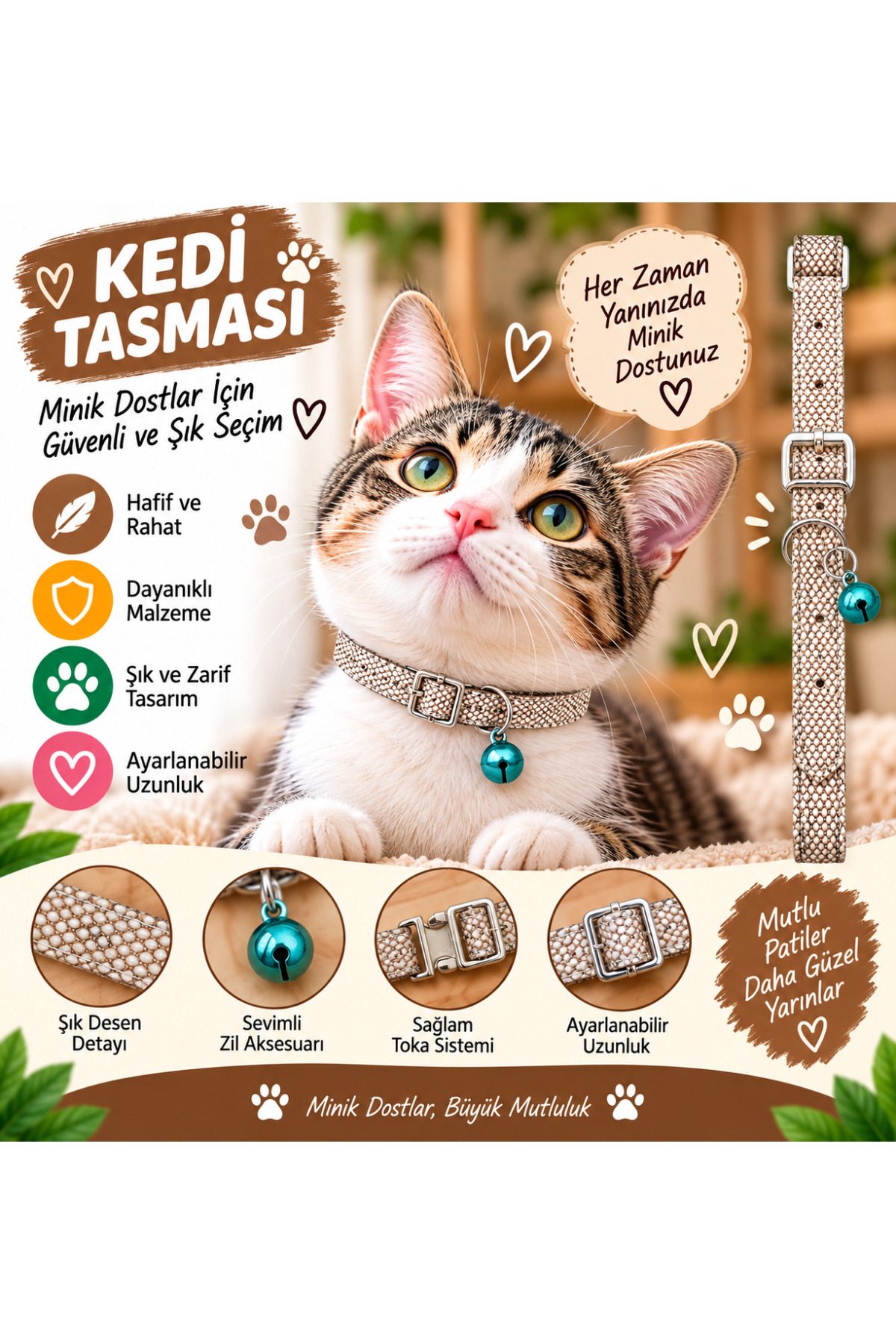 Kedi Tasması Bej File Dokulu Turkuaz Zilli Ayarlanabilir Metal Tokalı Kedi Boyun Tasması