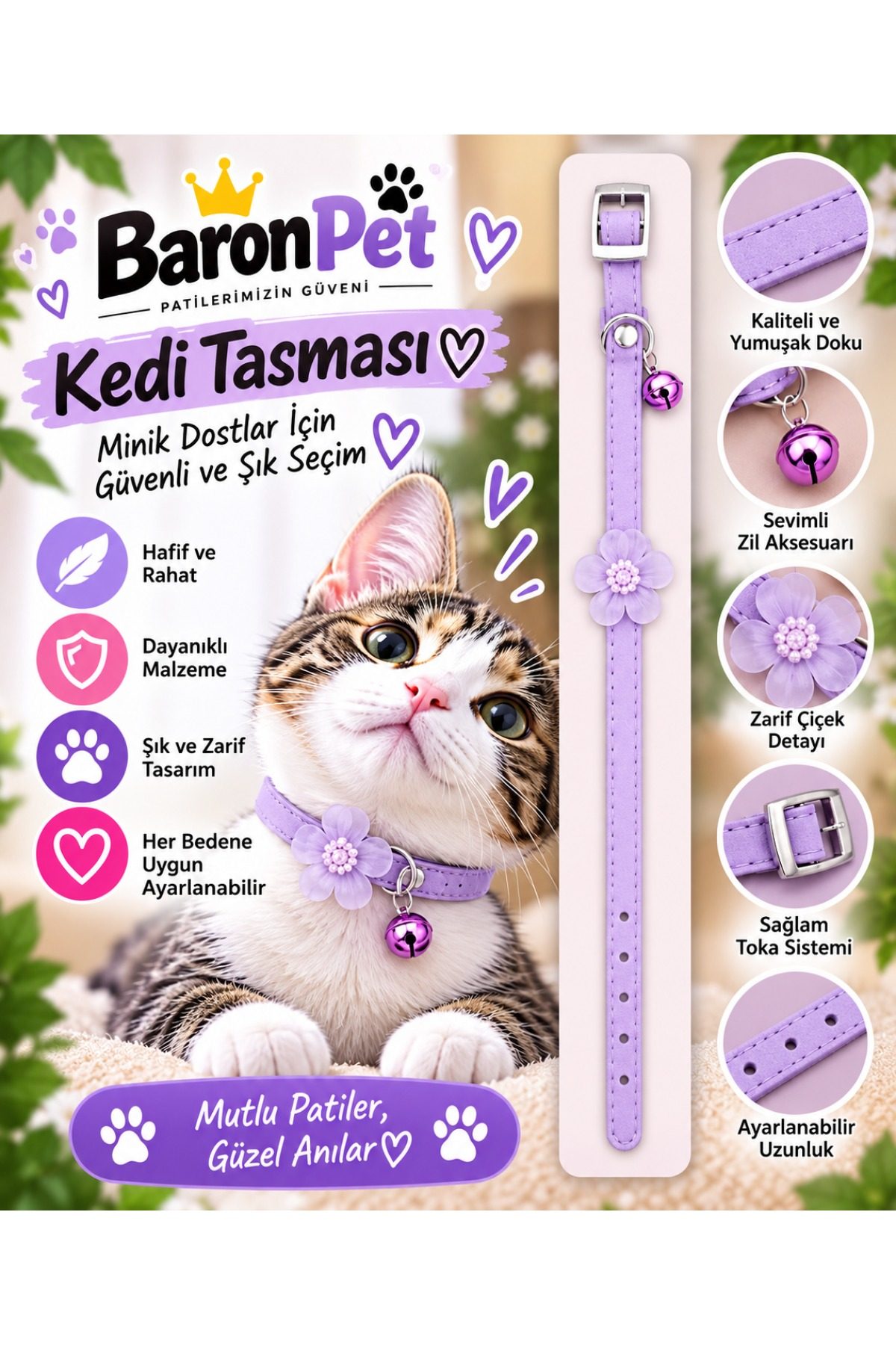 Kedi Tasması Lila Deri Çiçek Detaylı Zilli Ayarlanabilir Boyun Tasması