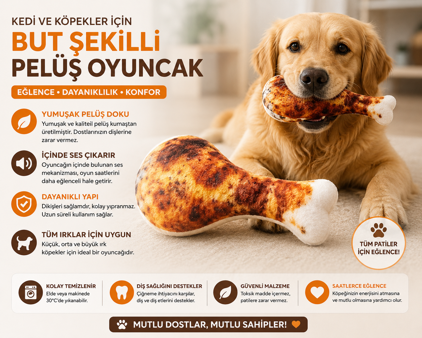 Baron Pet Kedi Köpek But Şekilli Sesli Peluş Oyuncak Gıcırtılı