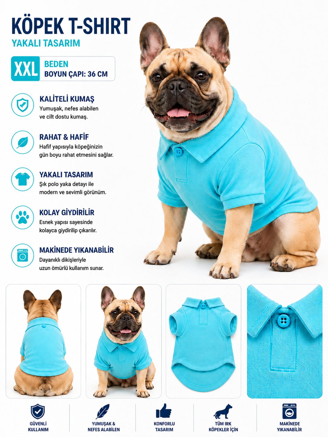 Köpek Polo Yaka Tişört XXL Beden Boyun Çapı 36 cm Nefes Alabilen Kumaş - Mavi