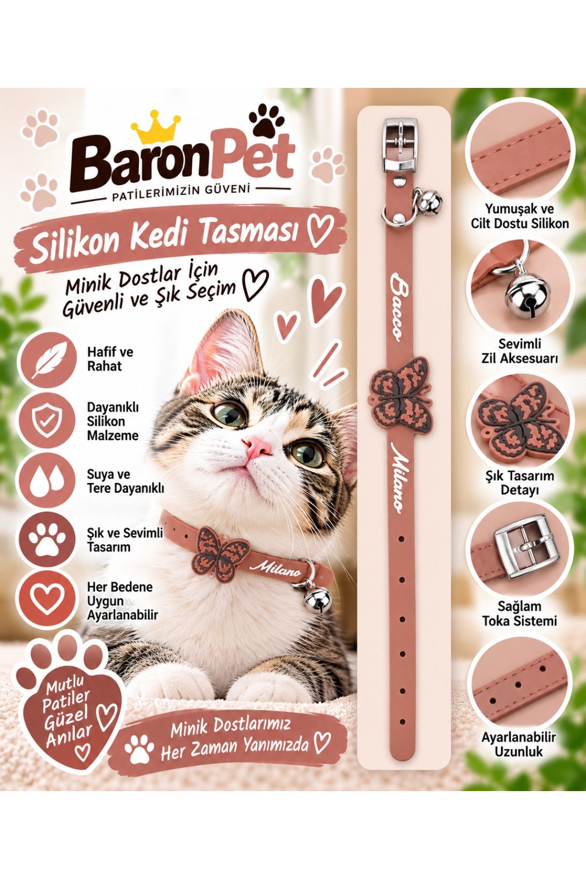 Silikon Kedi Tasması Gül Kurusu Kelebek Detaylı Zilli Suya Dayanıklı Ayarlanabilir Boyun Tasması