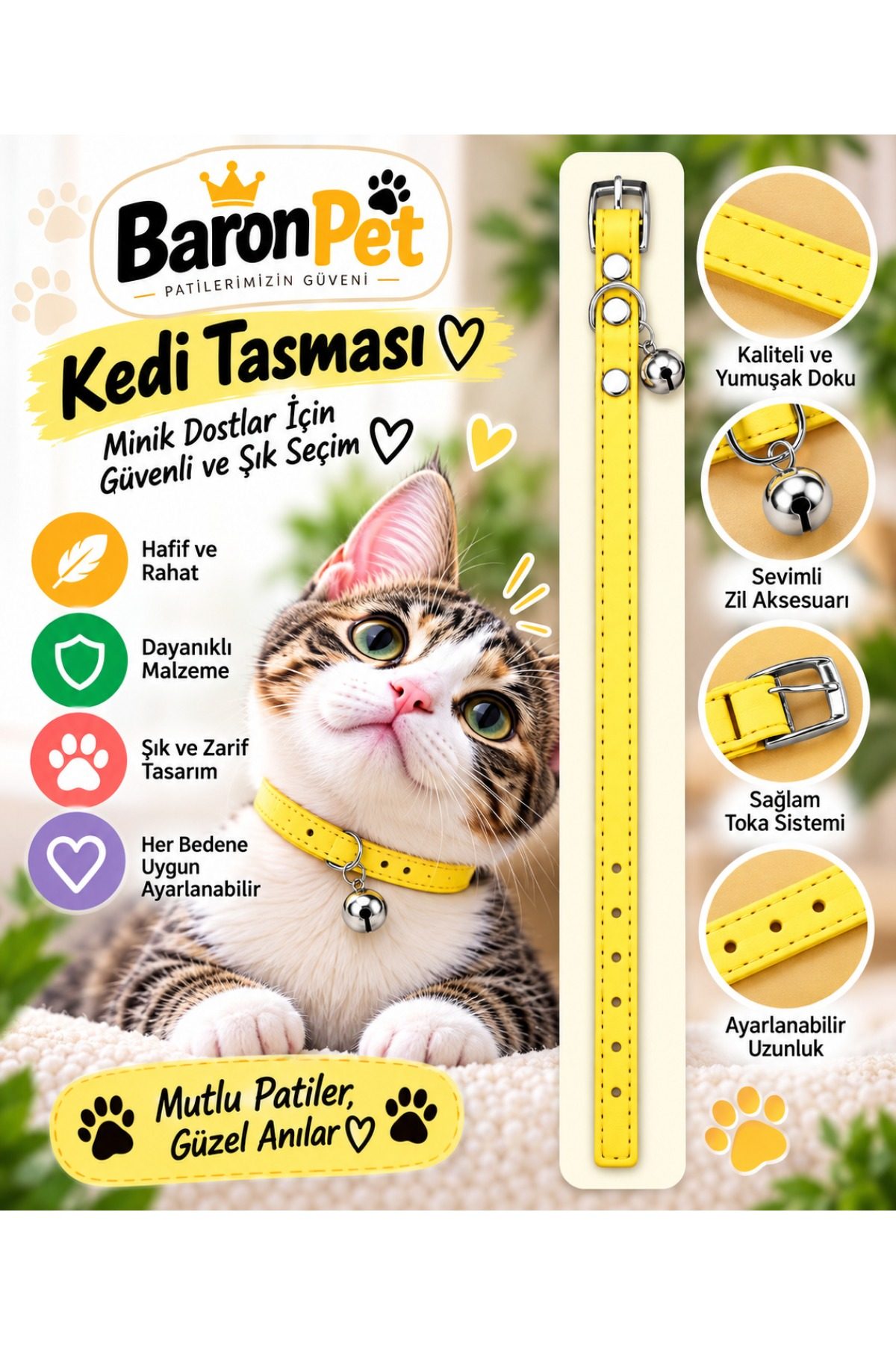 Kedi Tasması Sarı Deri Gümüş Tokalı Zilli Ayarlanabilir Boyun Tasması