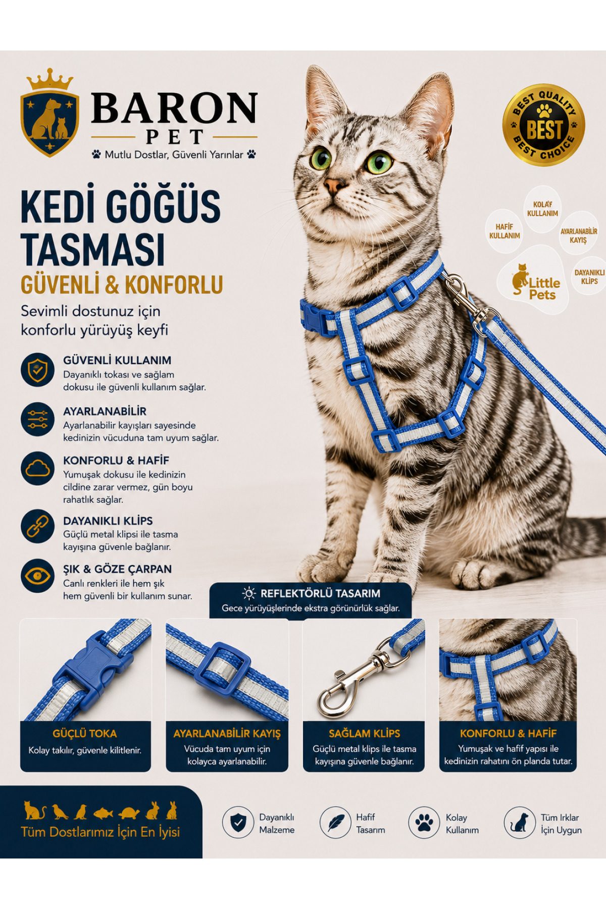 Kedi Göğüs Tasması ve Gezdirme Kayışı Seti Saks Mavisi Reflektörlü Ayarlanabilir