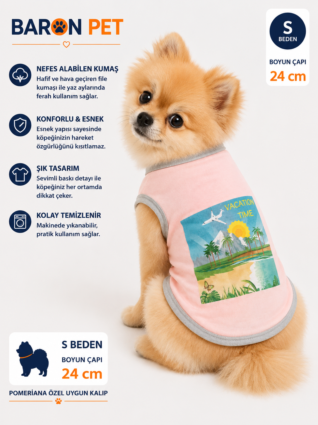 Köpek Tişörtü S Beden Boyun Çapı 24 cm Pomeranian Kalıp Vacation Time Baskılı - Pembe