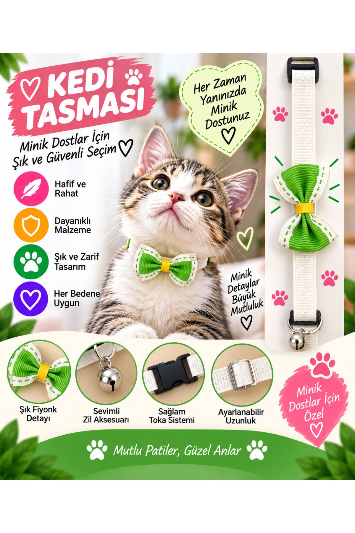 Kedi Tasması Krem Yeşil Fiyonklu Zilli Ayarlanabilir Klipsli Kumaş Kedi Boyun Tasması