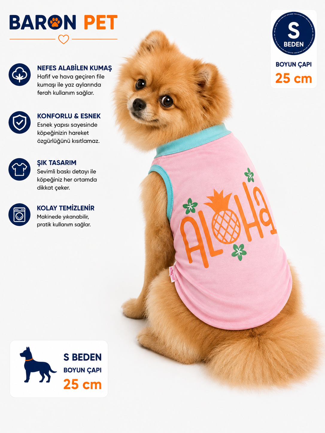 Köpek Tişörtü S Beden Boyun Çapı 25 cm Aloha Ananas Baskılı Kolsuz Atlet - Pembe