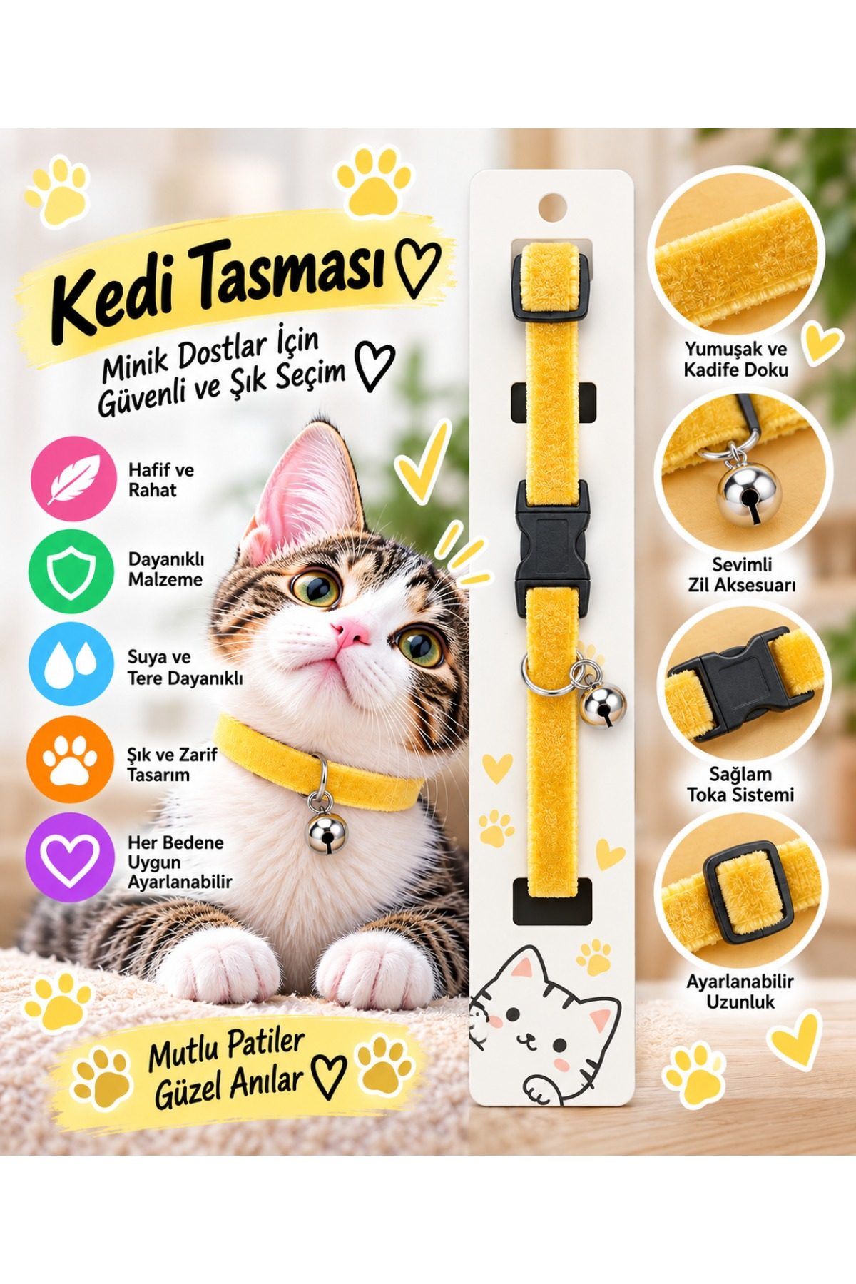 Kedi Tasması Hardal Sarısı Kadife Zilli Ayarlanabilir Klips Tokalı Boyun Tasması