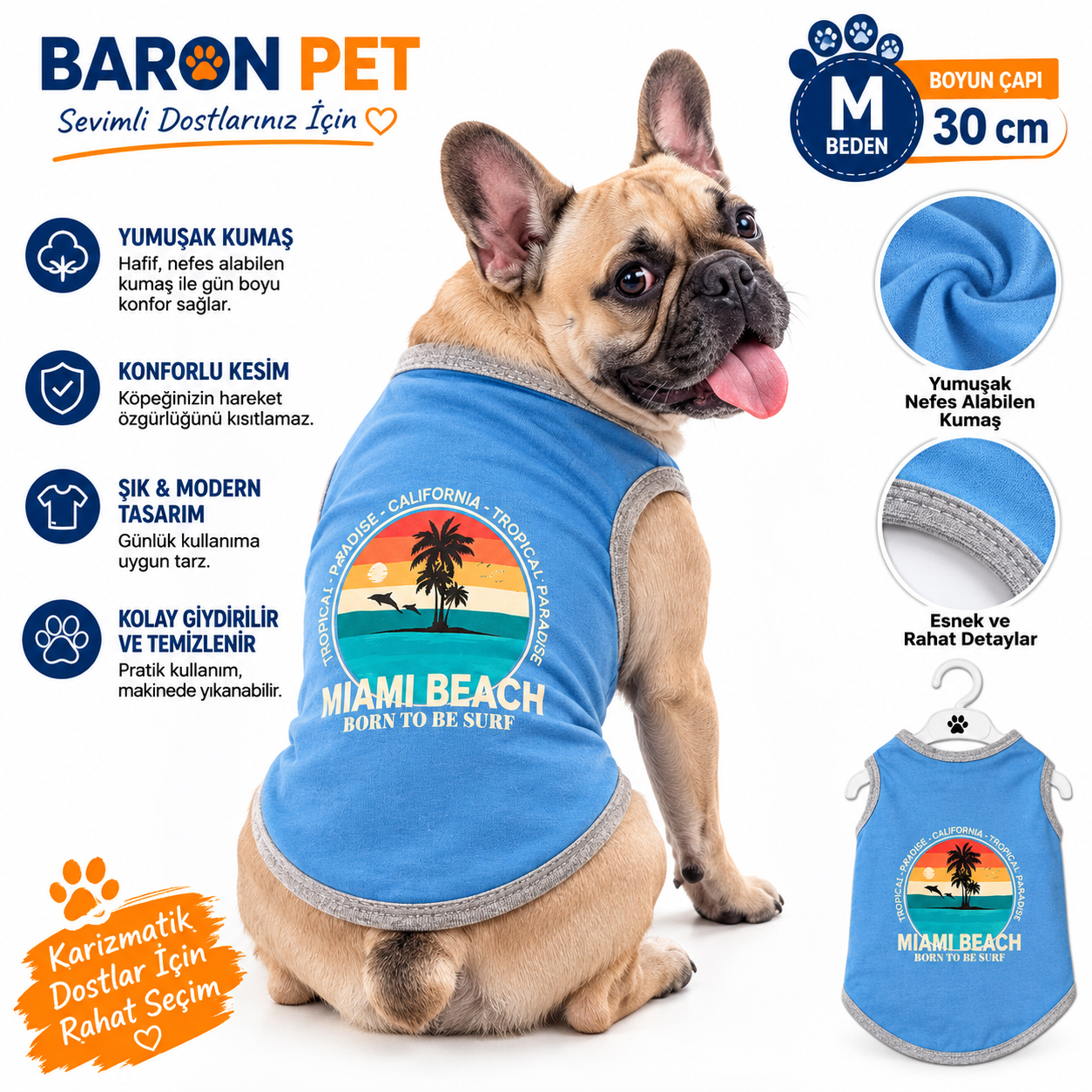Köpek Tişörtü M Beden Boyun Çapı 30 cm Miami Beach Baskılı Kolsuz Atlet - Mavi
