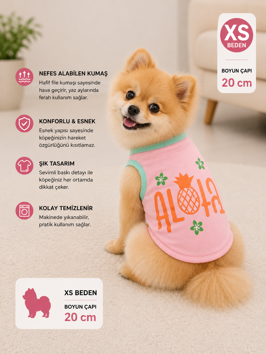 Köpek Tişörtü XS Beden Boyun Çapı 20 cm Aloha Ananas Baskılı Kolsuz Atlet - Pembe