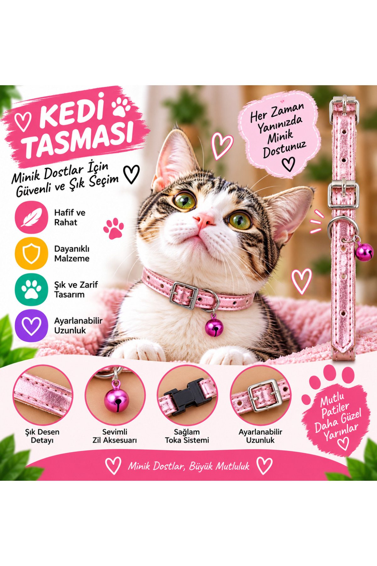 Kedi Tasması Pembe Parlak Deri Fuşya Zilli Ayarlanabilir Dikişli Kedi Boyun Tasması
