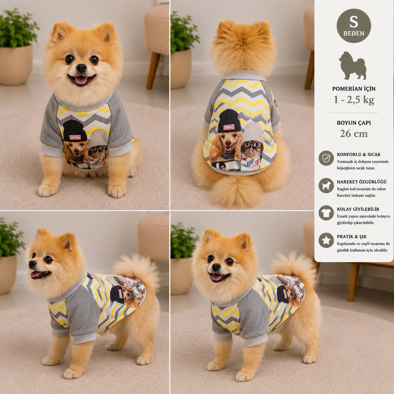Köpek Sweatshirt S Beden Boyun Çapı 26 cm SWAG Baskılı Kapüşonlu Zigzag - Gri Sarı