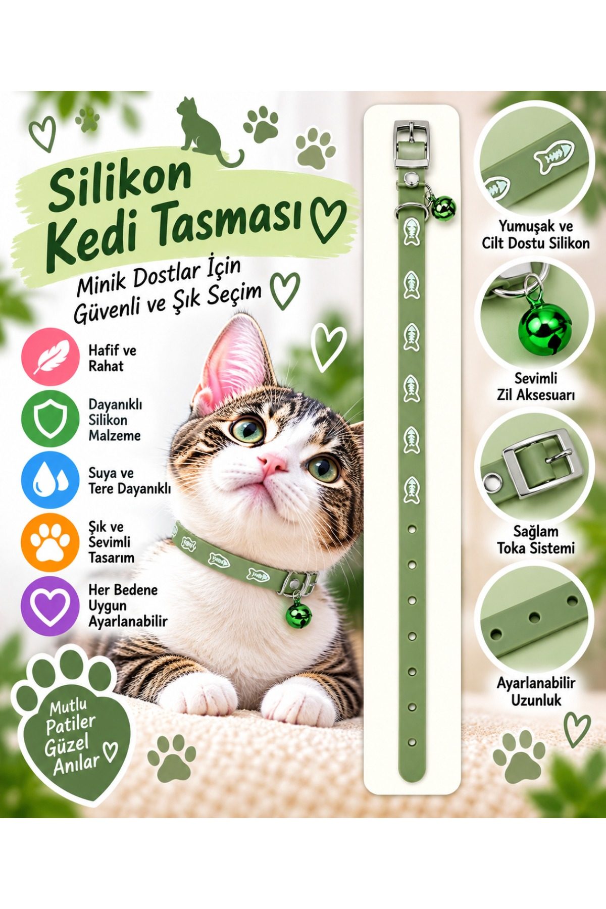 Silikon Kedi Tasması Haki Yeşil Balık Desenli Zilli Suya Dayanıklı Ayarlanabilir Boyun Tasması