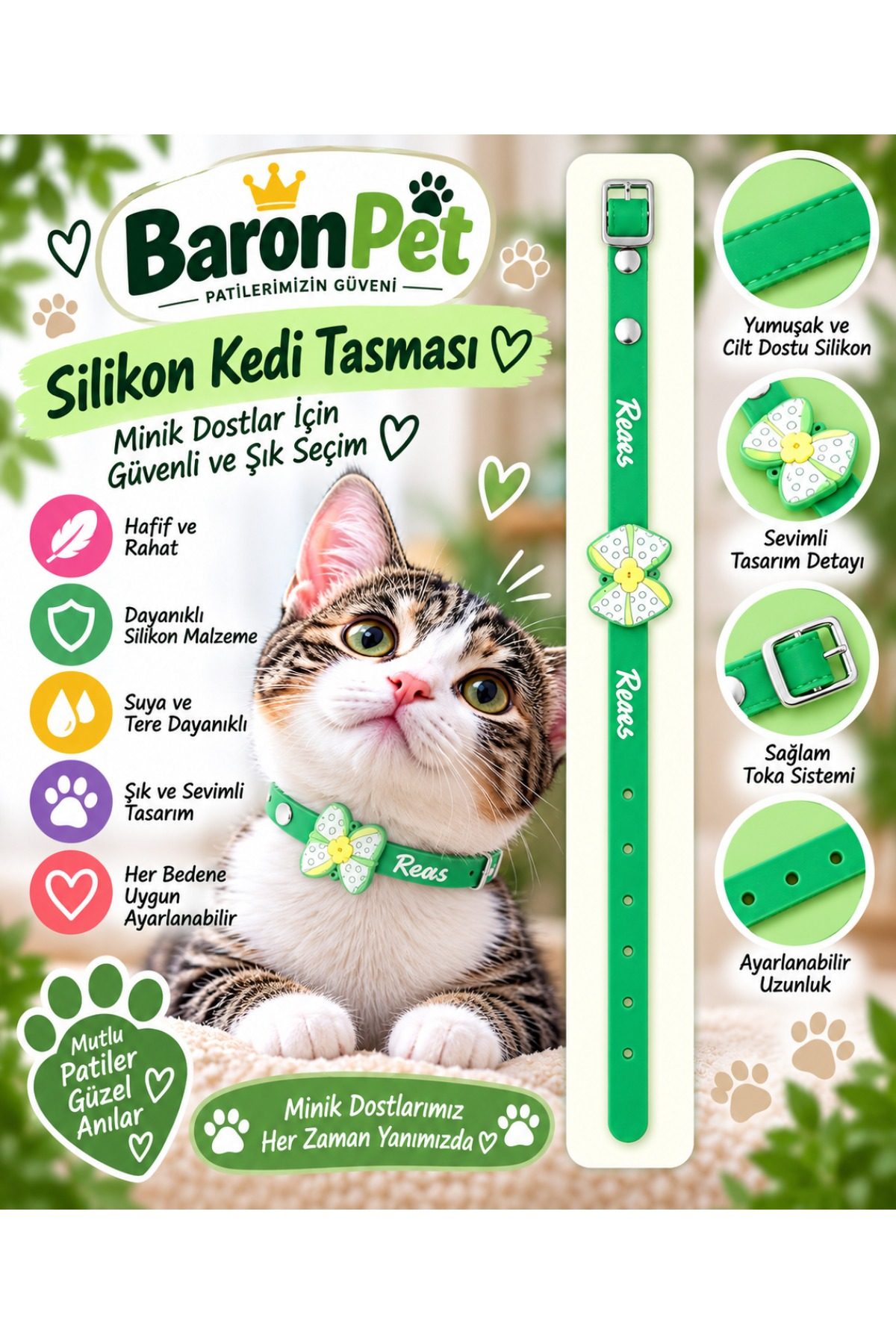 Silikon Kedi Tasması Yeşil Puantiyeli Fiyonk Detaylı Suya Dayanıklı Ayarlanabilir Boyun Tasması