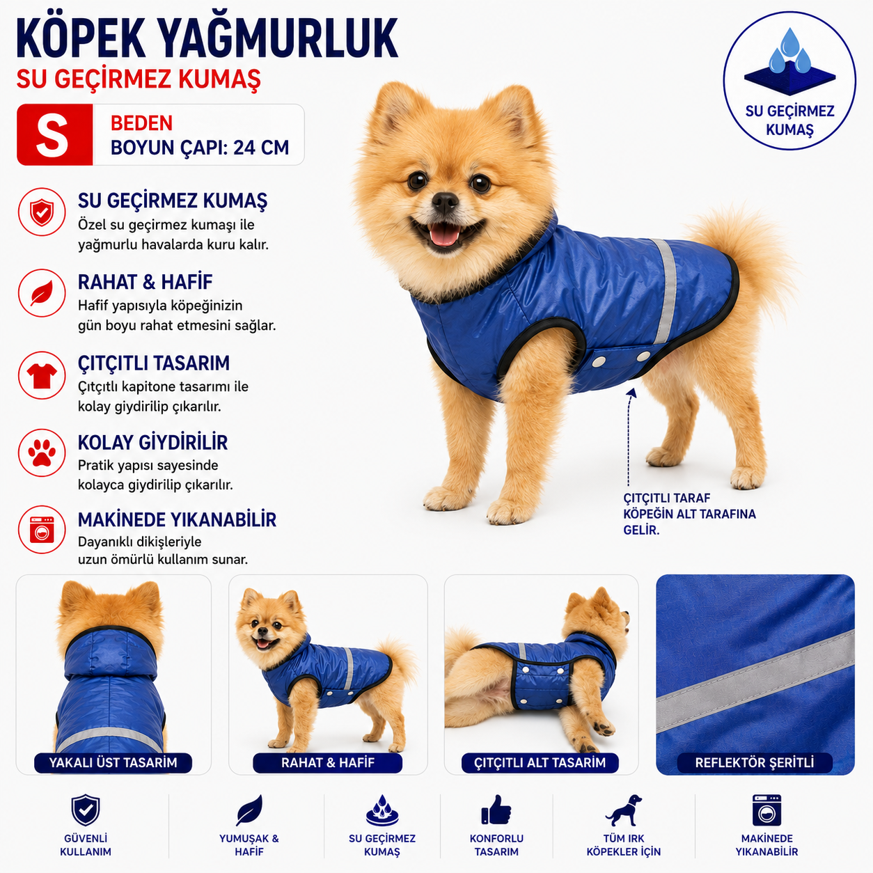 Köpek Yağmurluk S Beden Boyun Çapı 24 cm Su Geçirmez Reflektörlü Çıtçıtlı - Mavi