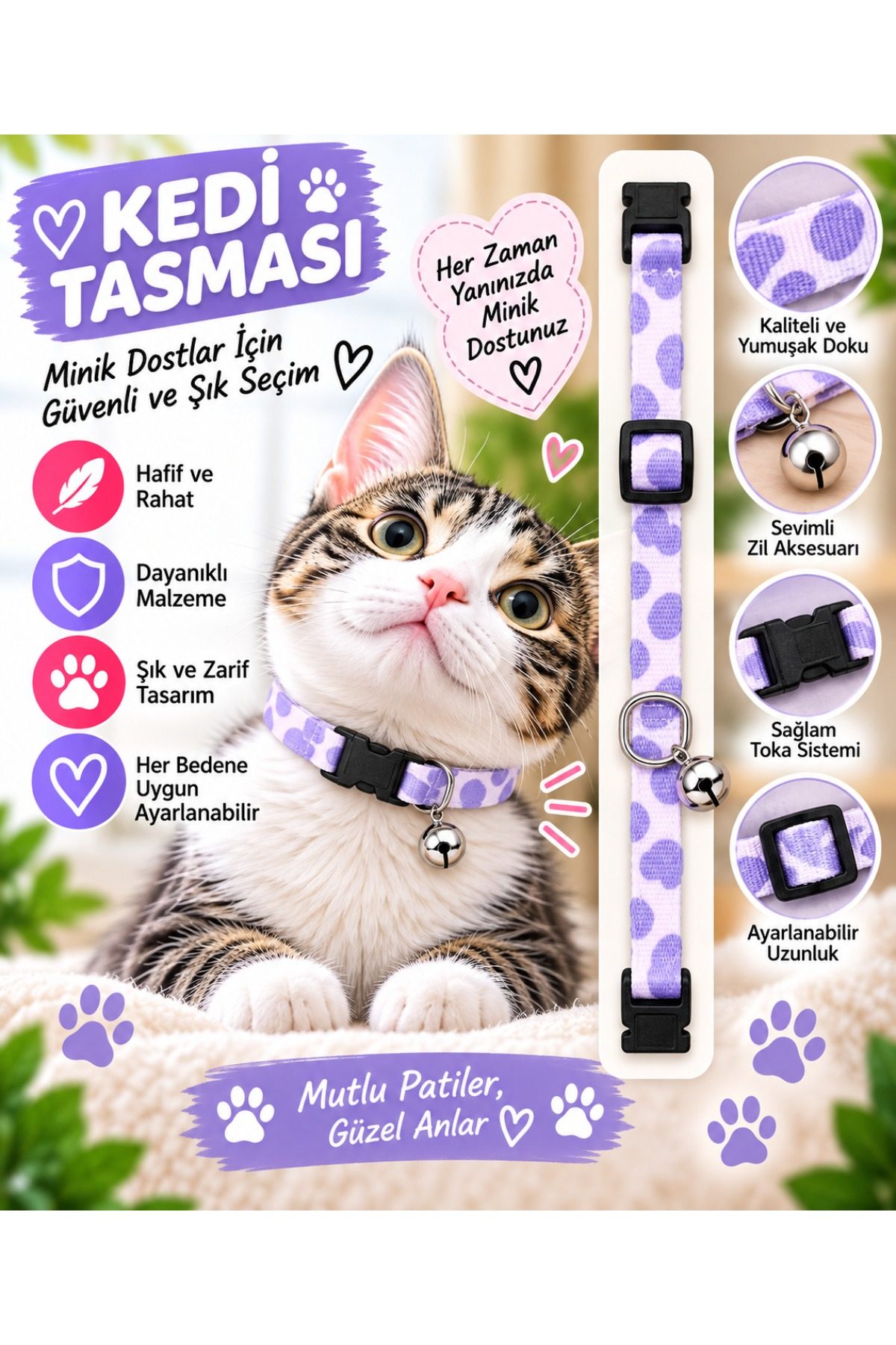 Kedi Tasması Lila Puantiyeli Zilli Ayarlanabilir Boyun Tasması