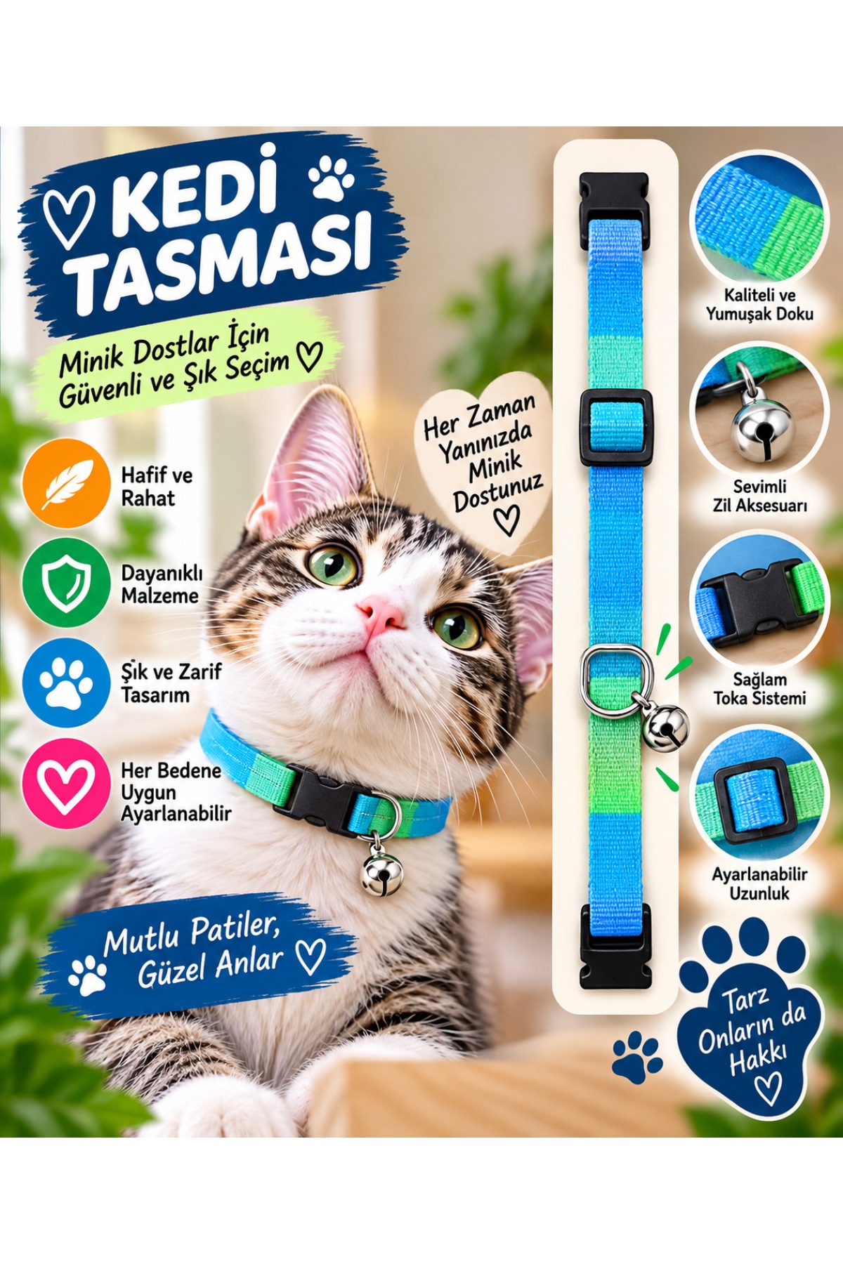 Kedi Tasması Mavi Yeşil İki Renkli Zilli Ayarlanabilir Klipsli Kumaş Kedi Boyun Tasması