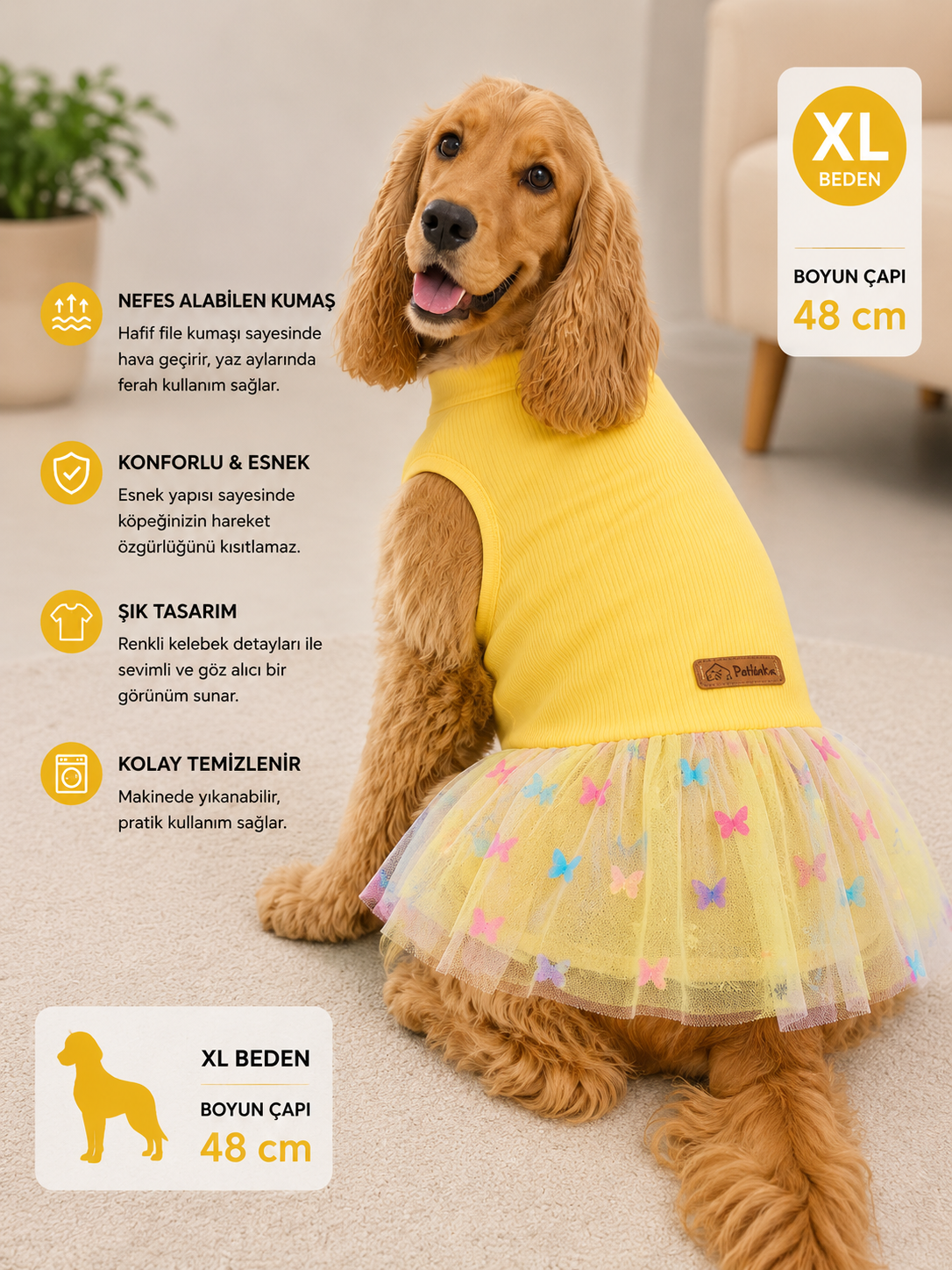 Köpek Elbisesi XL Beden Boyun Çapı 48 cm Kelebek Detaylı Tütü Etekli Fitilli - Sarı
