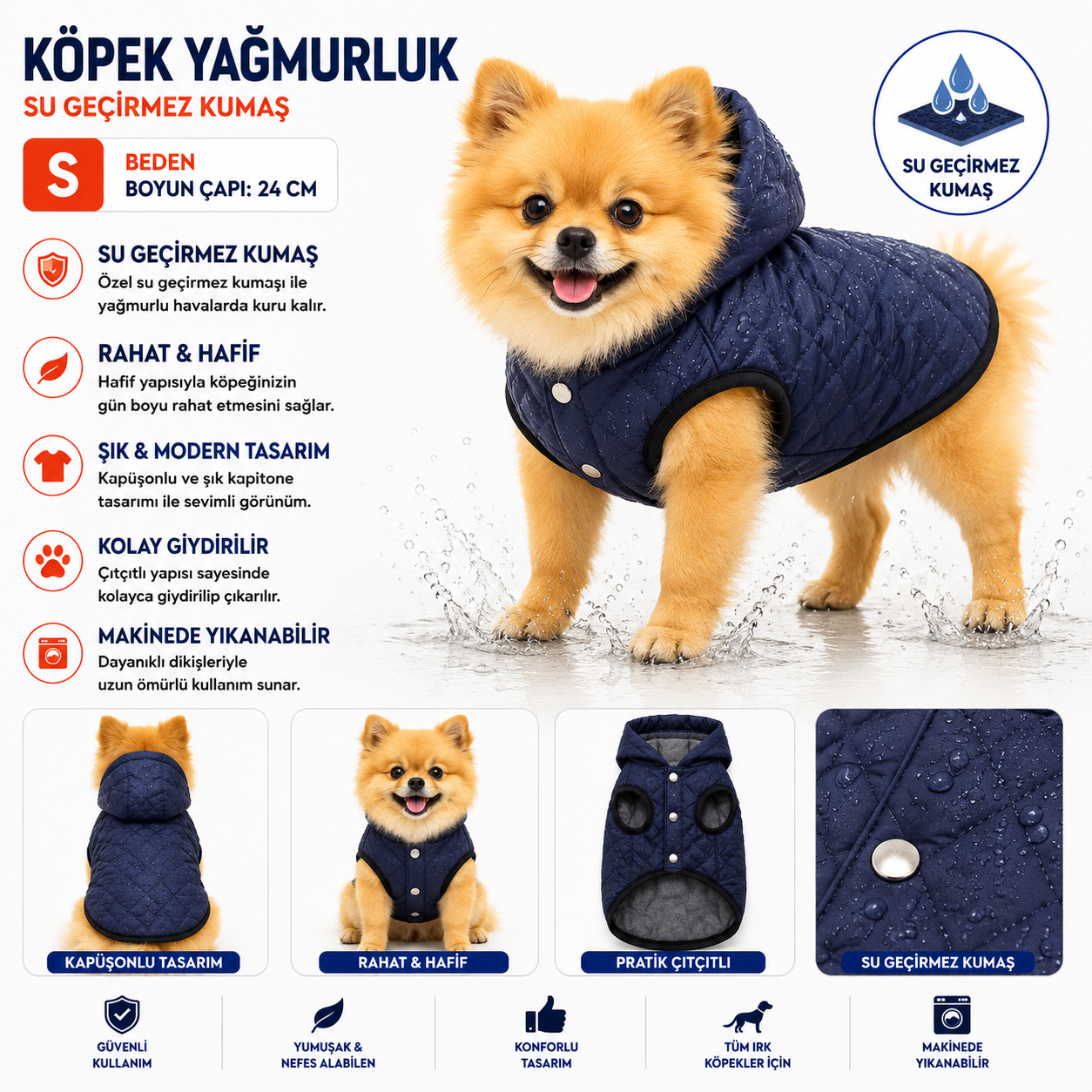 Köpek Yağmurluk S Beden Boyun Çapı 24 cm Su Geçirmez Kapüşonlu Çıtçıtlı - Lacivert