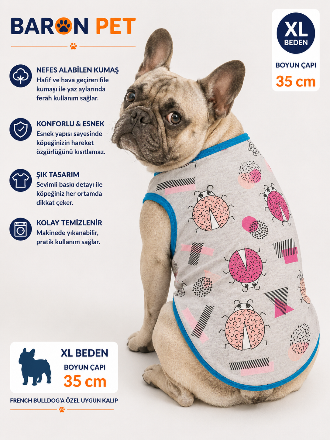Köpek Tişörtü XL Beden Boyun Çapı 35 cm French Bulldog Kalıp Uğur Böceği Desenli - Gri