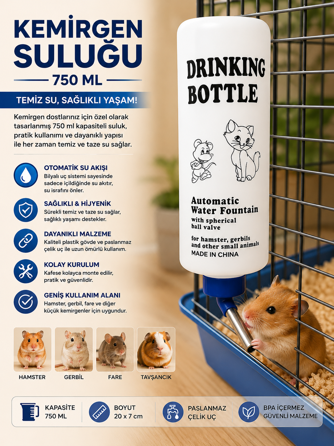 Baron Pet Kemirgen Suluğu 750 ml Bilyalı Paslanmaz Çelik Uçlu Kafes Suluk