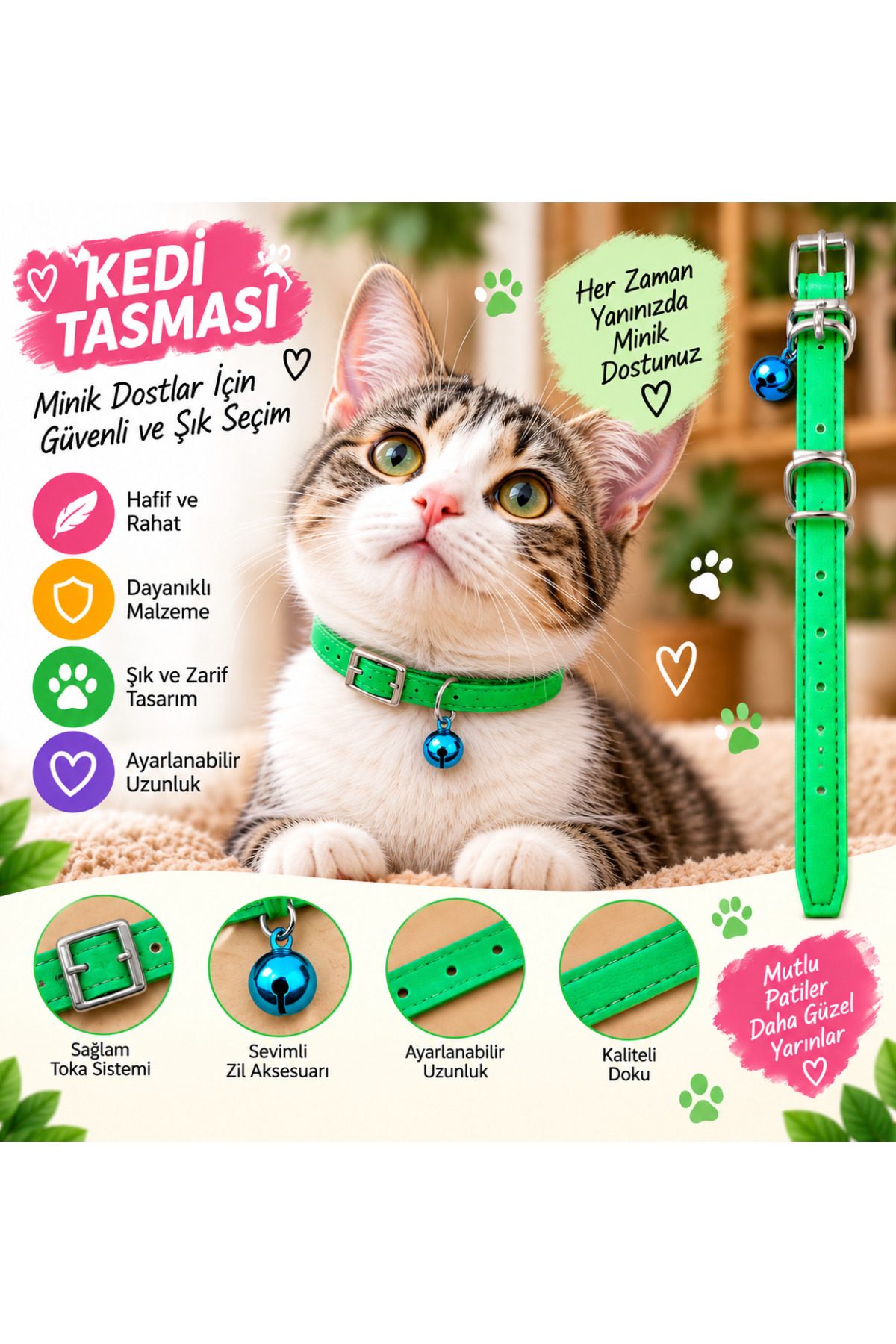 Kedi Tasması Yeşil Deri Mavi Zilli Ayarlanabilir Dikişli Kedi Boyun Tasması