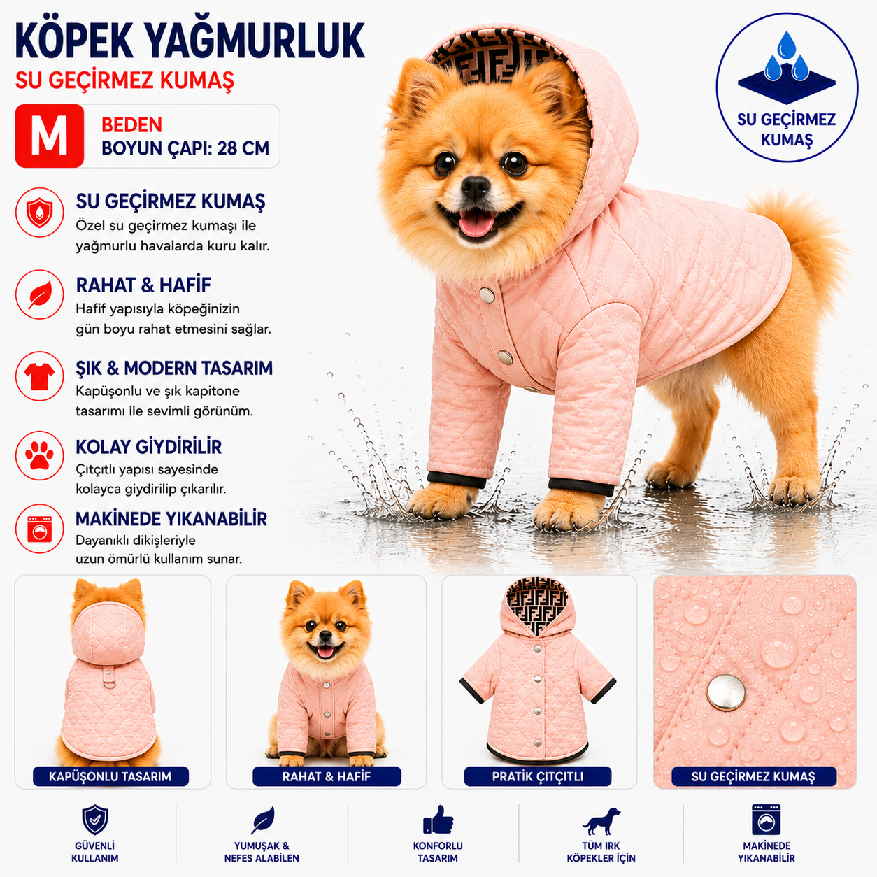 Köpek Yağmurluk M Beden Boyun Çapı 28 cm Su Geçirmez Kapüşonlu Çıtçıtlı - Pembe