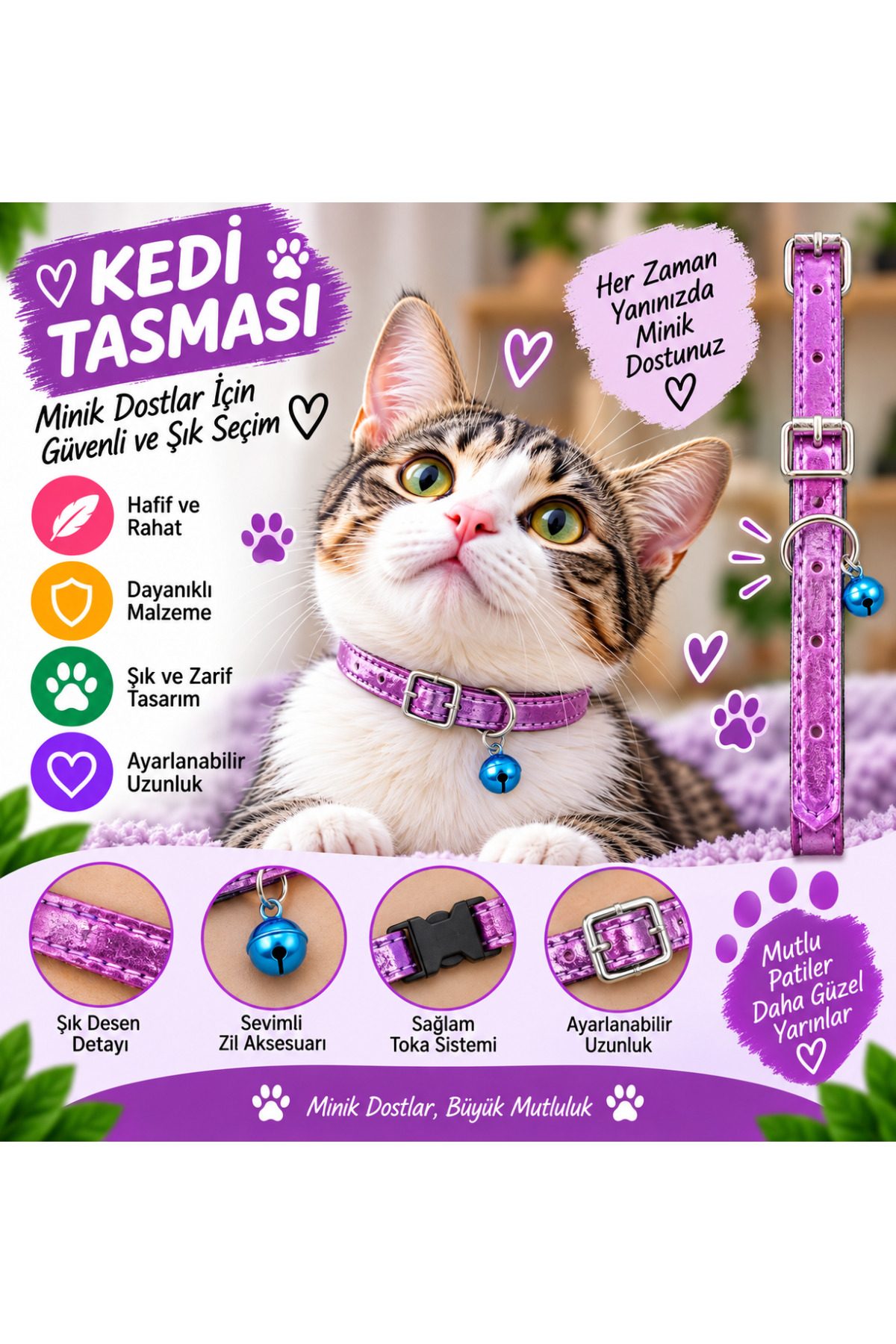 Kedi Tasması Mor Parlak Deri Mavi Zilli Ayarlanabilir Dikişli Kedi Boyun Tasması
