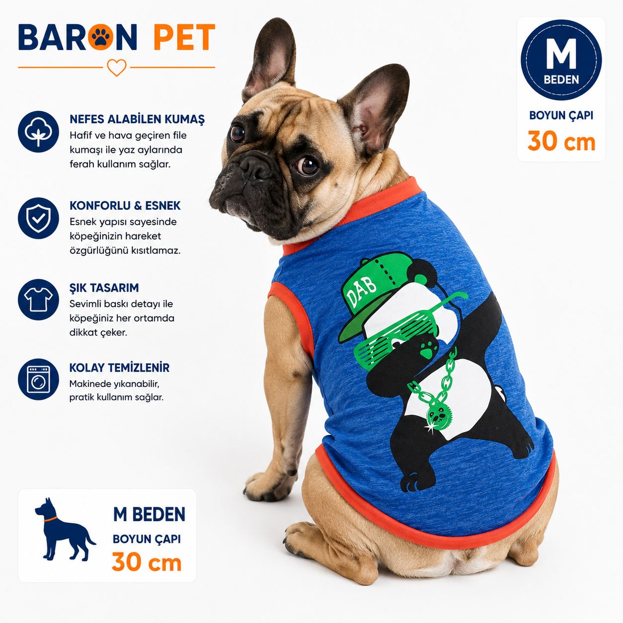 Köpek Tişörtü M Beden Boyun Çapı 30 cm Panda Baskılı Kolsuz Atlet - Mavi