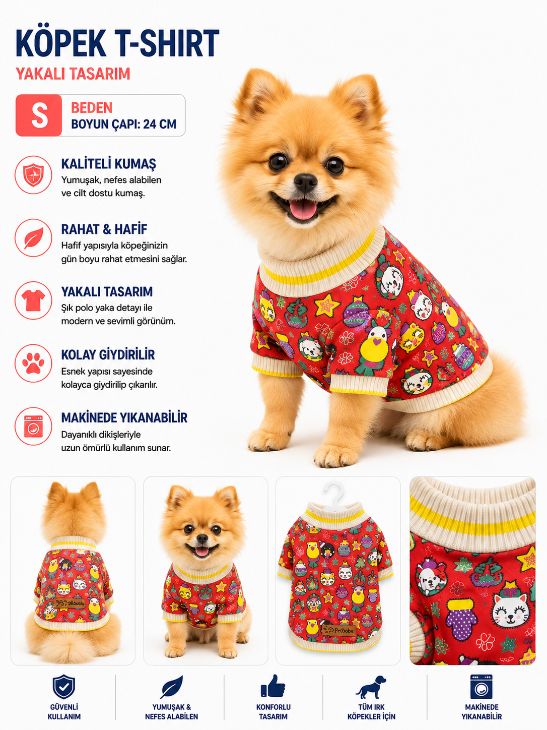 Köpek Sweatshirt S Beden Boyun Çapı 24 cm Desenli Yüksek Yaka Kolsuz - Kırmızı