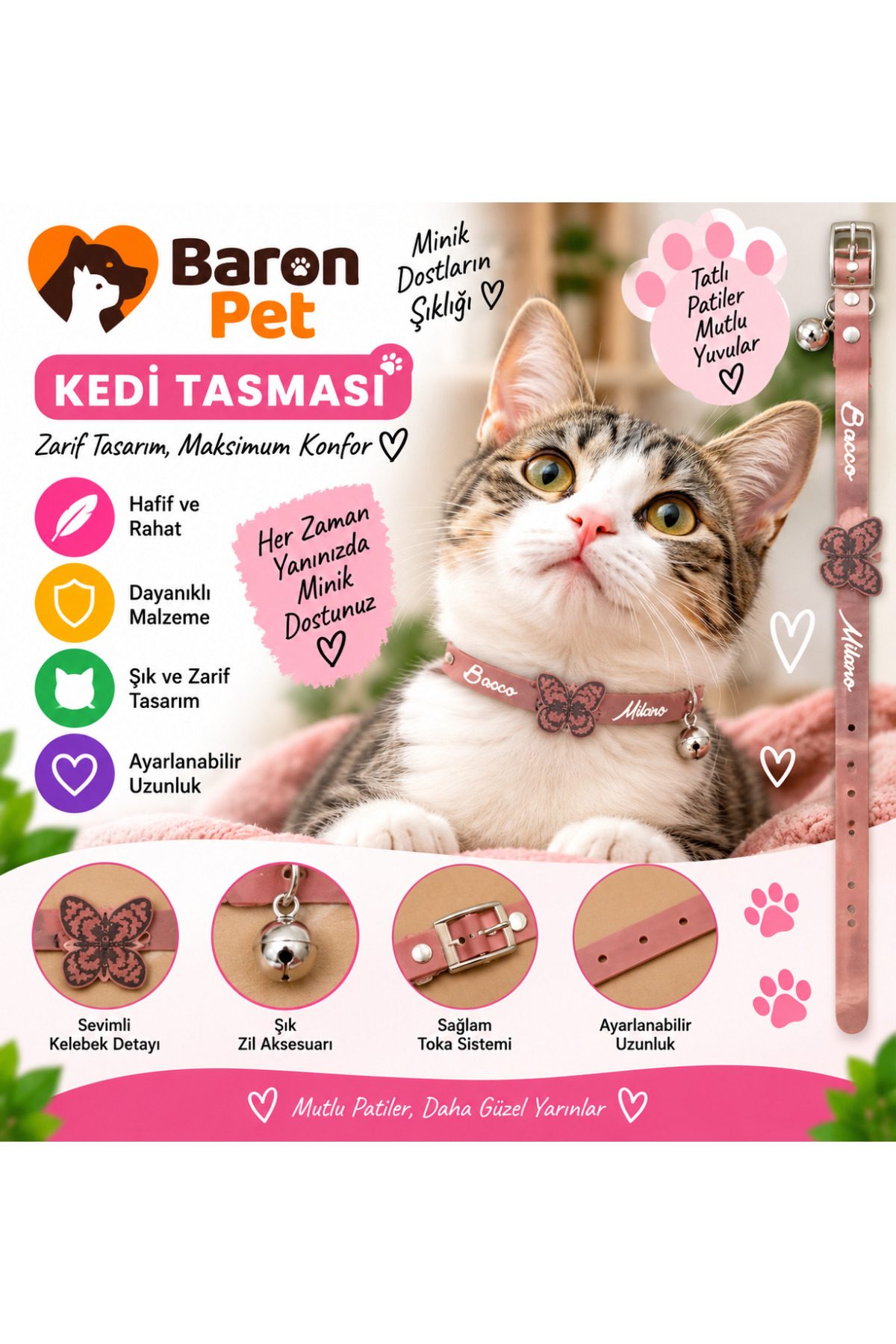 Kedi Tasması Gül Kurusu Deri Kelebek Detaylı Zilli Ayarlanabilir Kedi Boyun Tasması