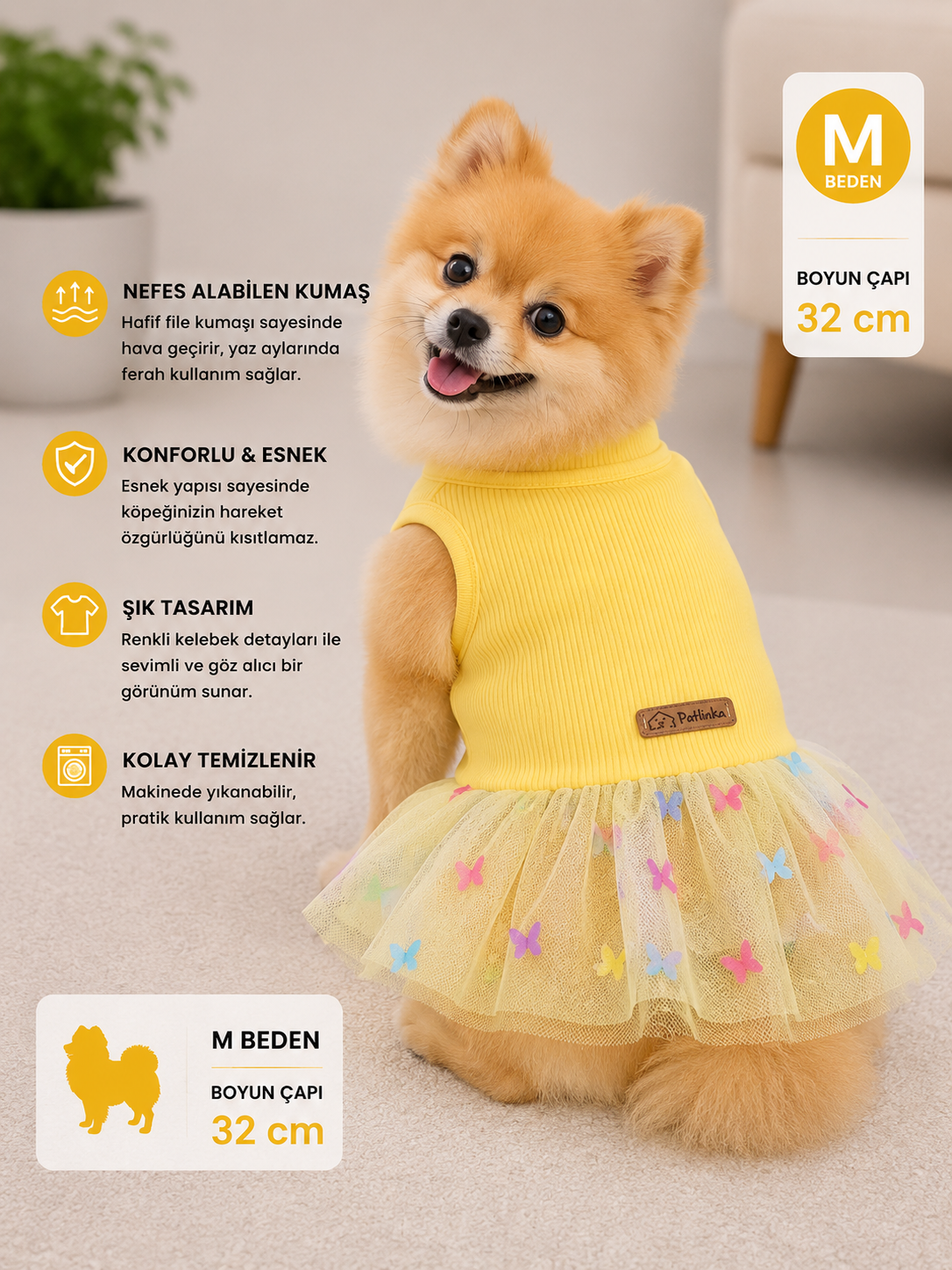 Köpek Elbisesi M Beden Boyun Çapı 32 cm Kelebek Detaylı Tütü Etekli Fitilli - Sarı