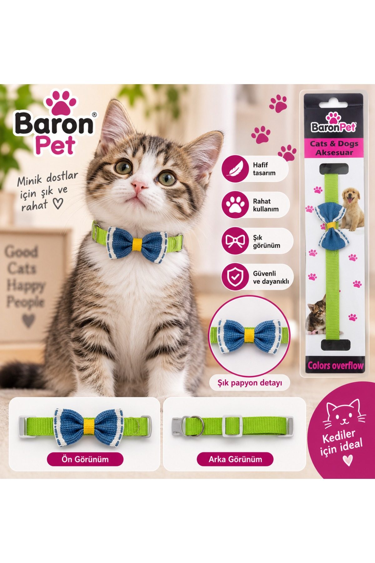 Kedi Tasması Yeşil Mavi Papyonlu Ayarlanabilir Klips Tokalı Boyun Tasması